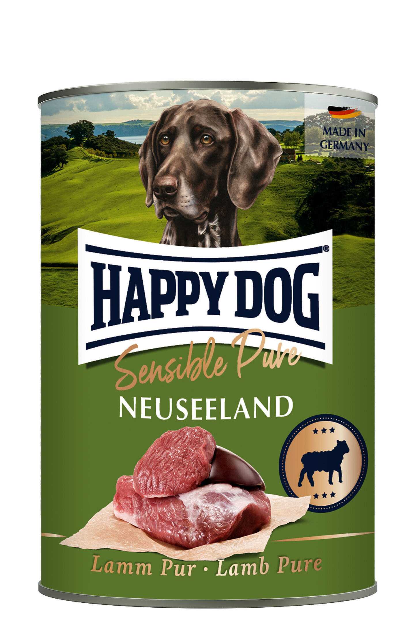Dose mit Happydog-Logo, Lammfleischabbildung und Hundeporträt vor Grünlandschaft. Text: "Sensible Pure Neuseeland, Lamm Pur, Made in Germany."