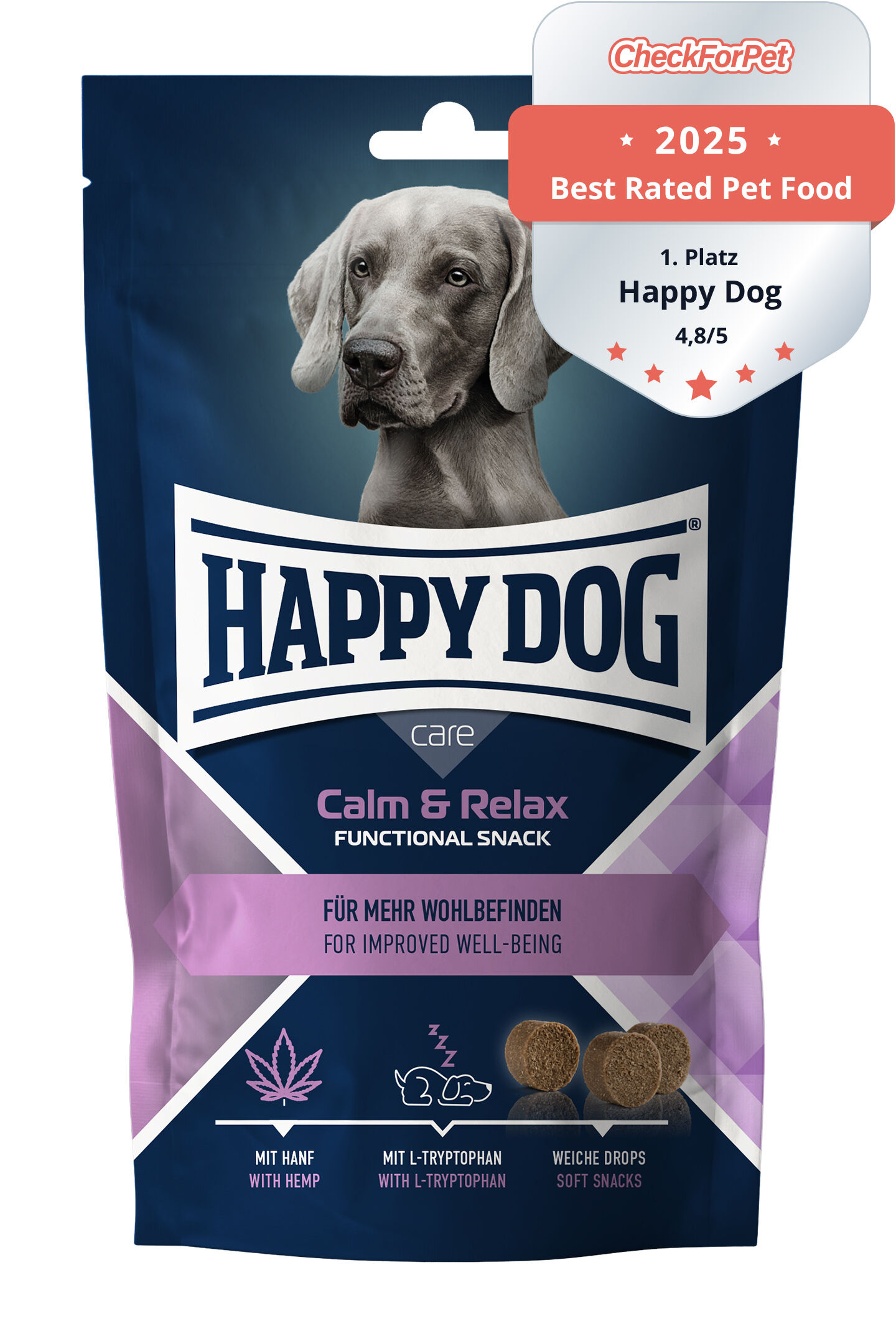 Eine Verpackung von Hundesnacks der Marke Happy Dog mit einem Hundebild und Aufschrift „Calm & Relax Functional Snack für mehr Wohlbefinden”. Zutaten: Hanf, L-Tryptophan.