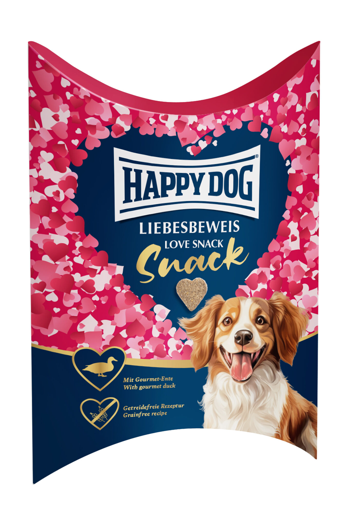 Vorderseite der Verpackung des Valentinsnacks von Happy Dog