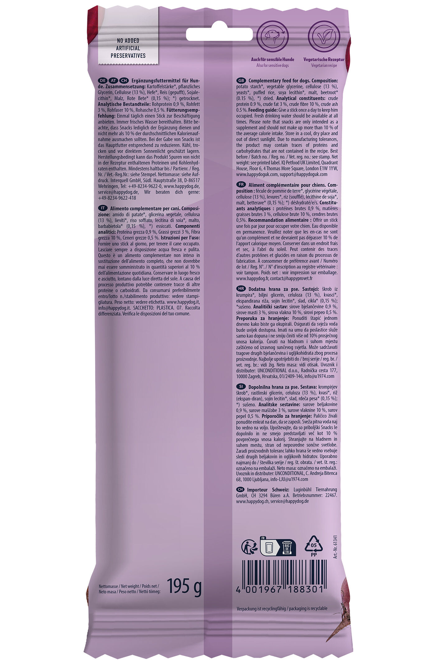 Verpackungsrückseite der Dental Chews Kaustangen von Happy Dog mit Zahnpflegeeffekt für Hunde