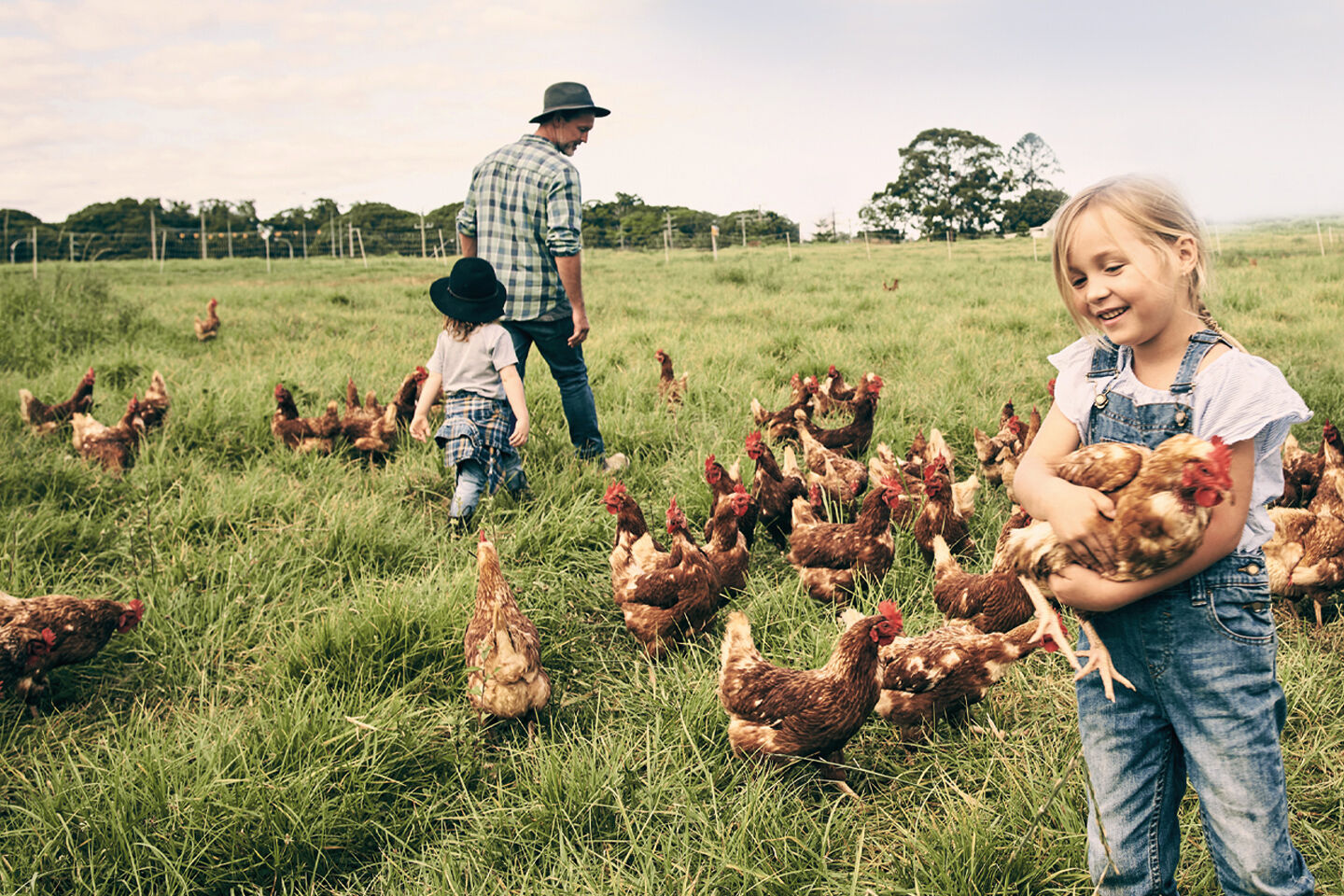 Ein Bauer geht mit zwei Kindern auf einer Wiese mit Hühnern spazieren.