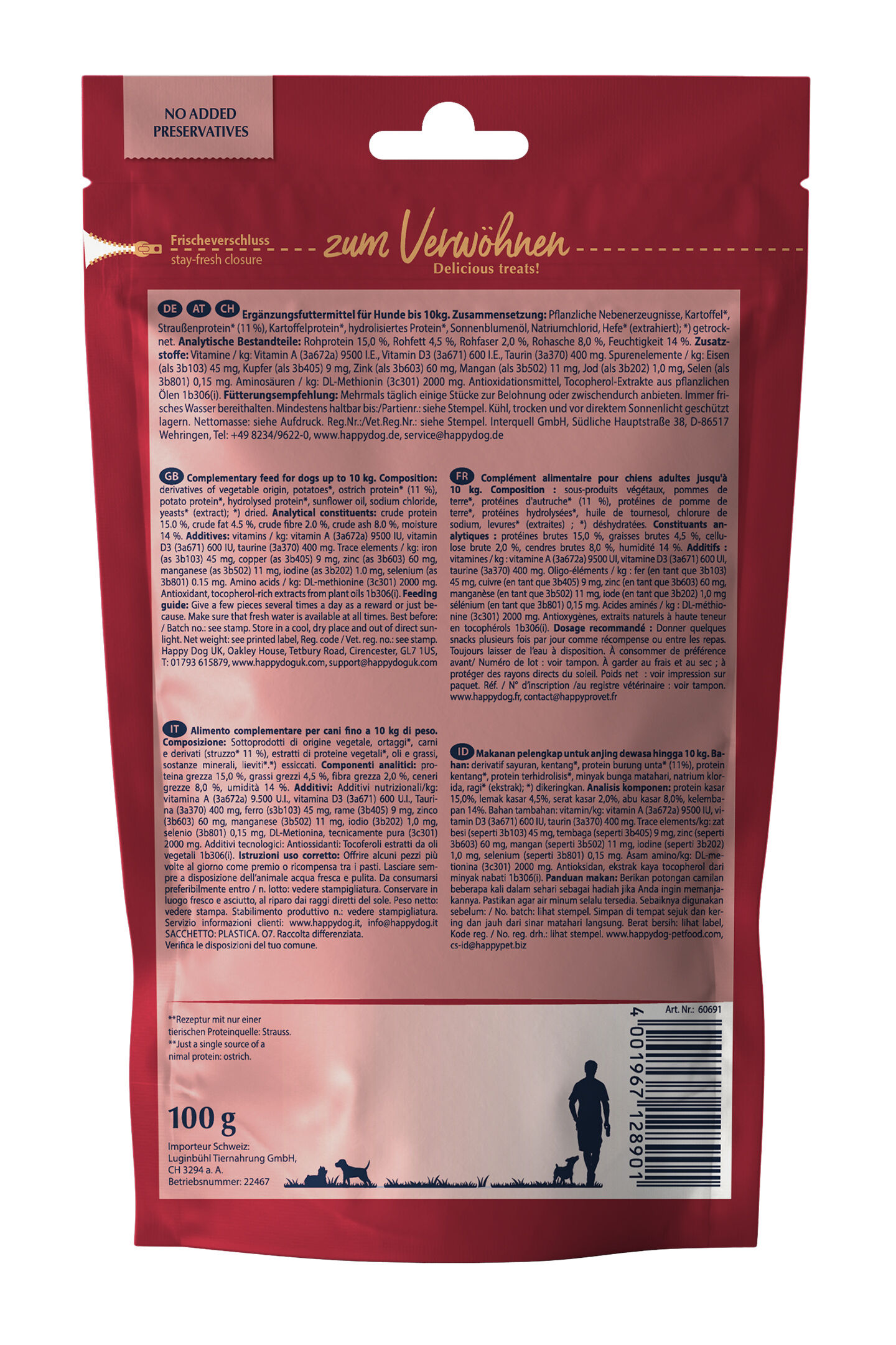 Die Rückseite einer Verpackung von Happydog zeigt detaillierte Produktinformationen auf roten Hintergrund. Text beschreibt Zusammensetzung, Analysewerte und Fütterungsempfehlungen für Hunde bis 10 kg. Kein Zuckerzusatz.