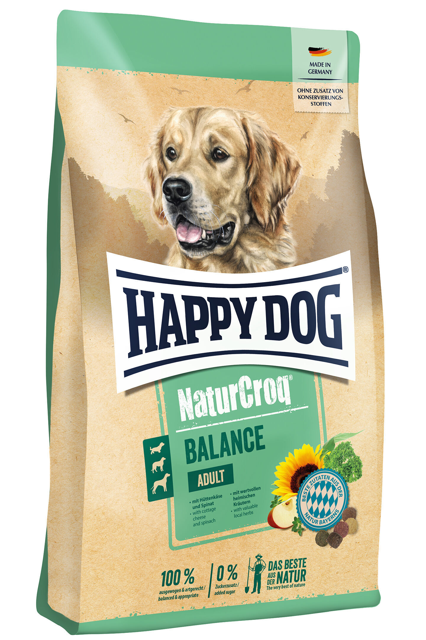 Verpackung von Hunde-Trockenfutter „Happy Dog NaturCroq Balance Adult“ mit illustriertem Hund. Text: „Ohne Zusatz von Konservierungsstoffen“, „Made in Germany“, „100% ausgewogen,“ „0% Zuckerzusatz.“