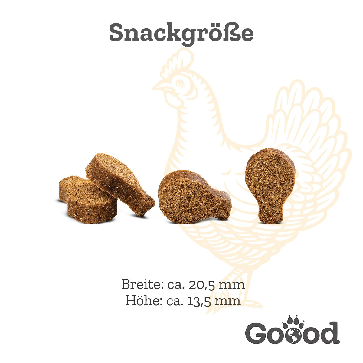 Kleine, bräunliche Snacks in Form von Hähnchenschenkeln; Hintergrund mit Hahnzeichnung; Text oben: "Snackgröße", unten: Breite und Höhe ca. 20,5 mm, 13,5 mm, Logo "Goood".