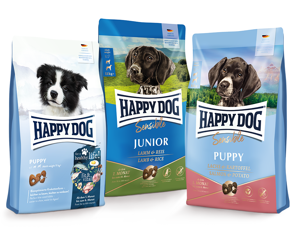 Für Young geeignete Produktverpackungen von Happy Dog.