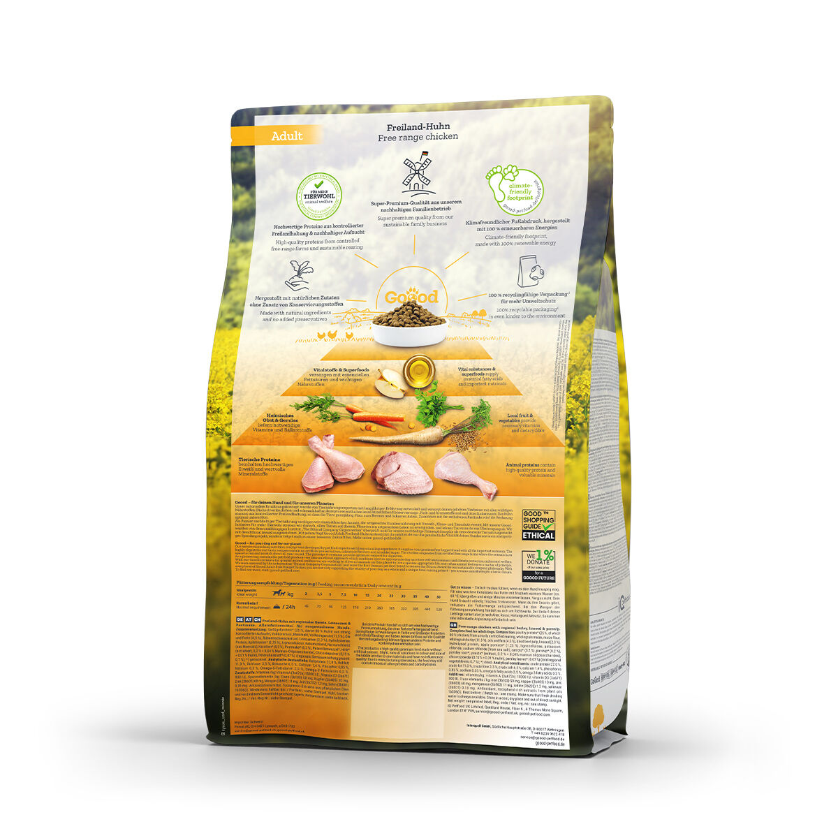 Verpackung mit Aufschrift "Freiland-Huhn, Free range chicken". Oben Grafiken und Textinformationen über Qualitätsmerkmale. Unten Zutatenbilder (Huhn, Karotten, Öl). Klare Struktur und Farbschema in Gelb- und Grüntönen.