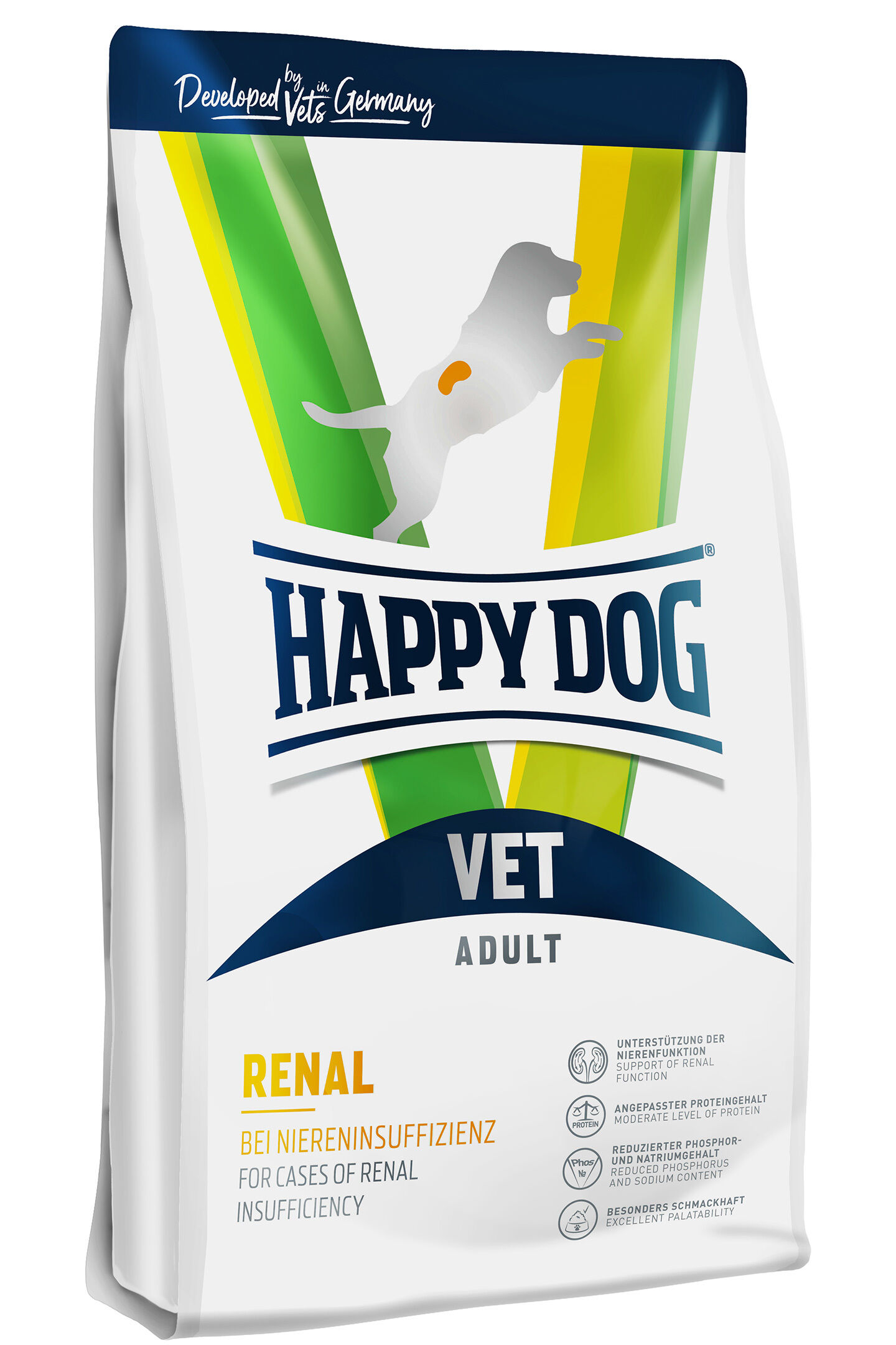 Hundetrockenfutter-Beutel von Happy Dog, speziell entwickelt für ausgewachsene Hunde mit Niereninsuffizienz. Text: „Unterstützung der Nierenfunktion. Entwickelt von Tierärzten in Deutschland.“