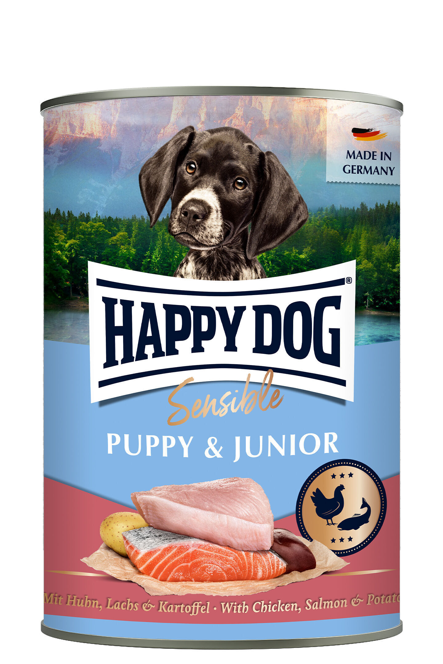 Dose Hundefutter für Welpen und junge Hunde, Marke "Happy Dog Sensible Puppy & Junior", mit Bild eines Welpen und Text ", Lachs & Kartoffel". "Made in Germany".