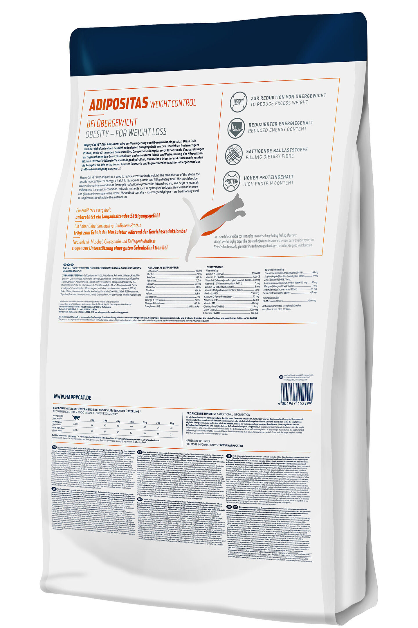 Katzenfutter-Verpackung enthält Informationen zur Gewichtskontrolle bei Adipositas. Enthält reduzierten Energiegehalt, Ballaststoffe, Proteine. Webseite: www.happycat.de.