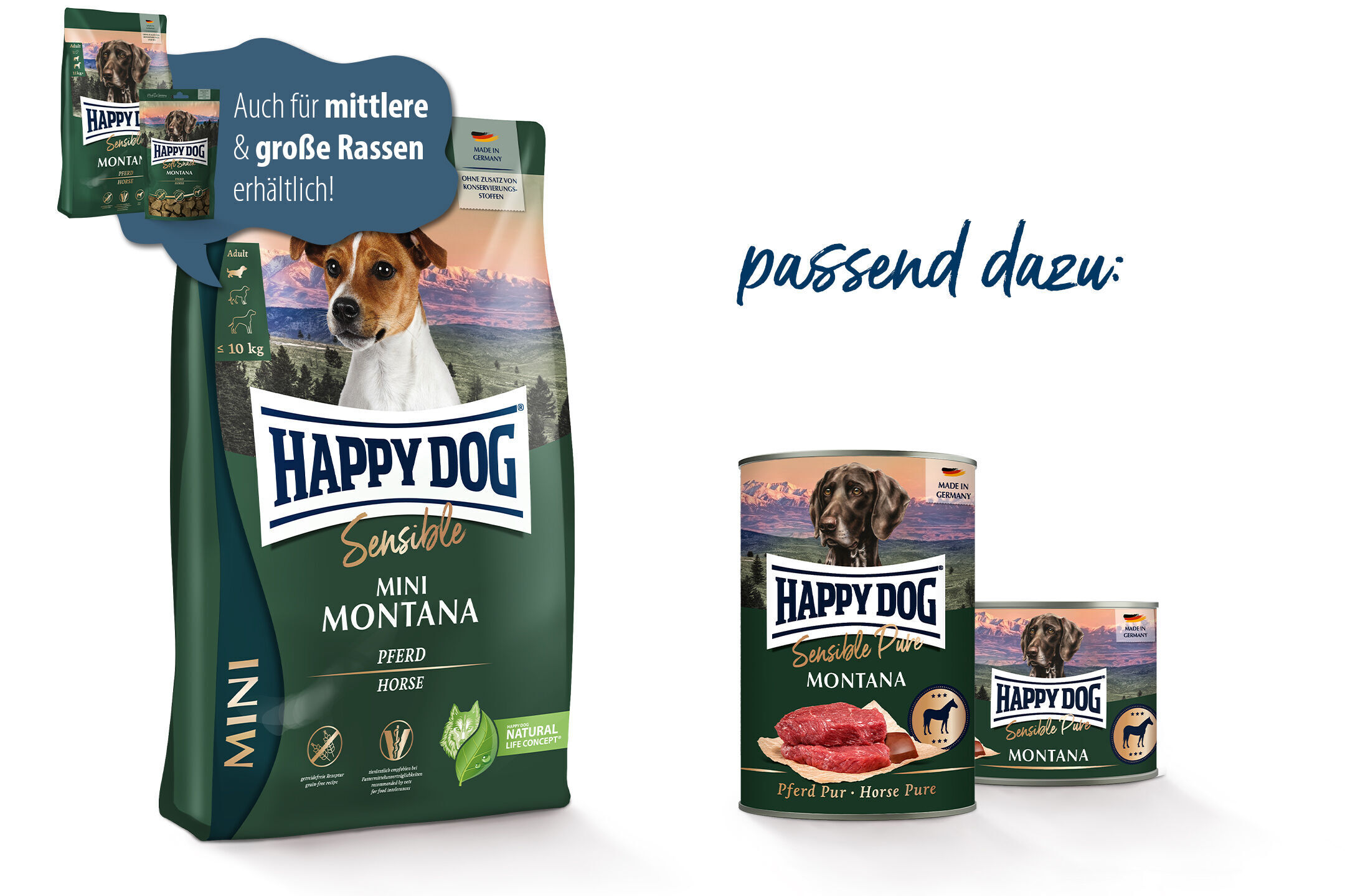 Hundetrockenfutter und Feuchtnahrung von Happydog, Sensible Montana, mit Pferd, auf weißem Hintergrund. Verpackungen zeigen Hundebilder, Hinweis auf mittelgroße und große Rassen.