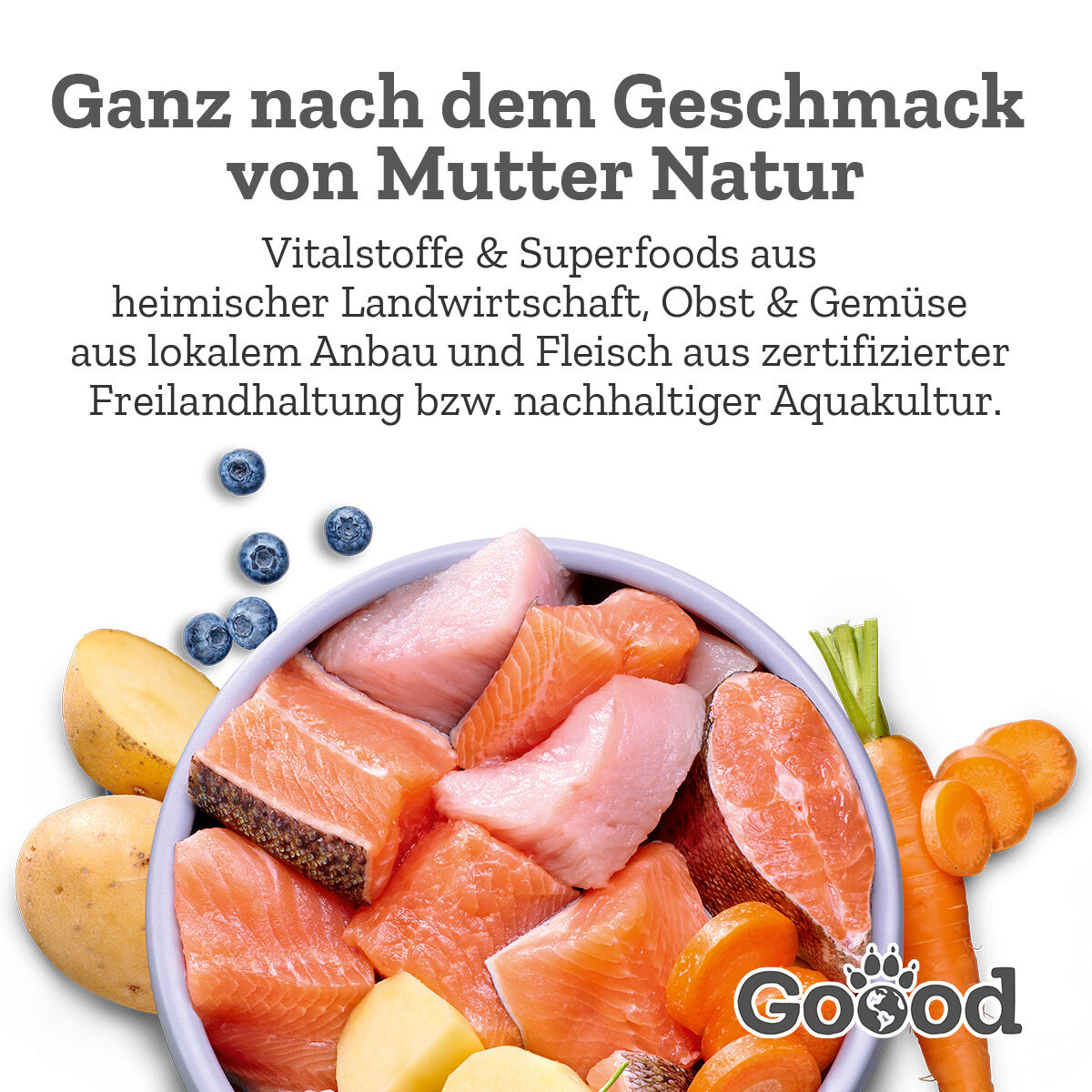Eine Schüssel mit Lachs, Kartoffeln und Möhren umgeben von Blaubeeren. Text: „Ganz nach dem Geschmack von Mutter Natur... Goood“.