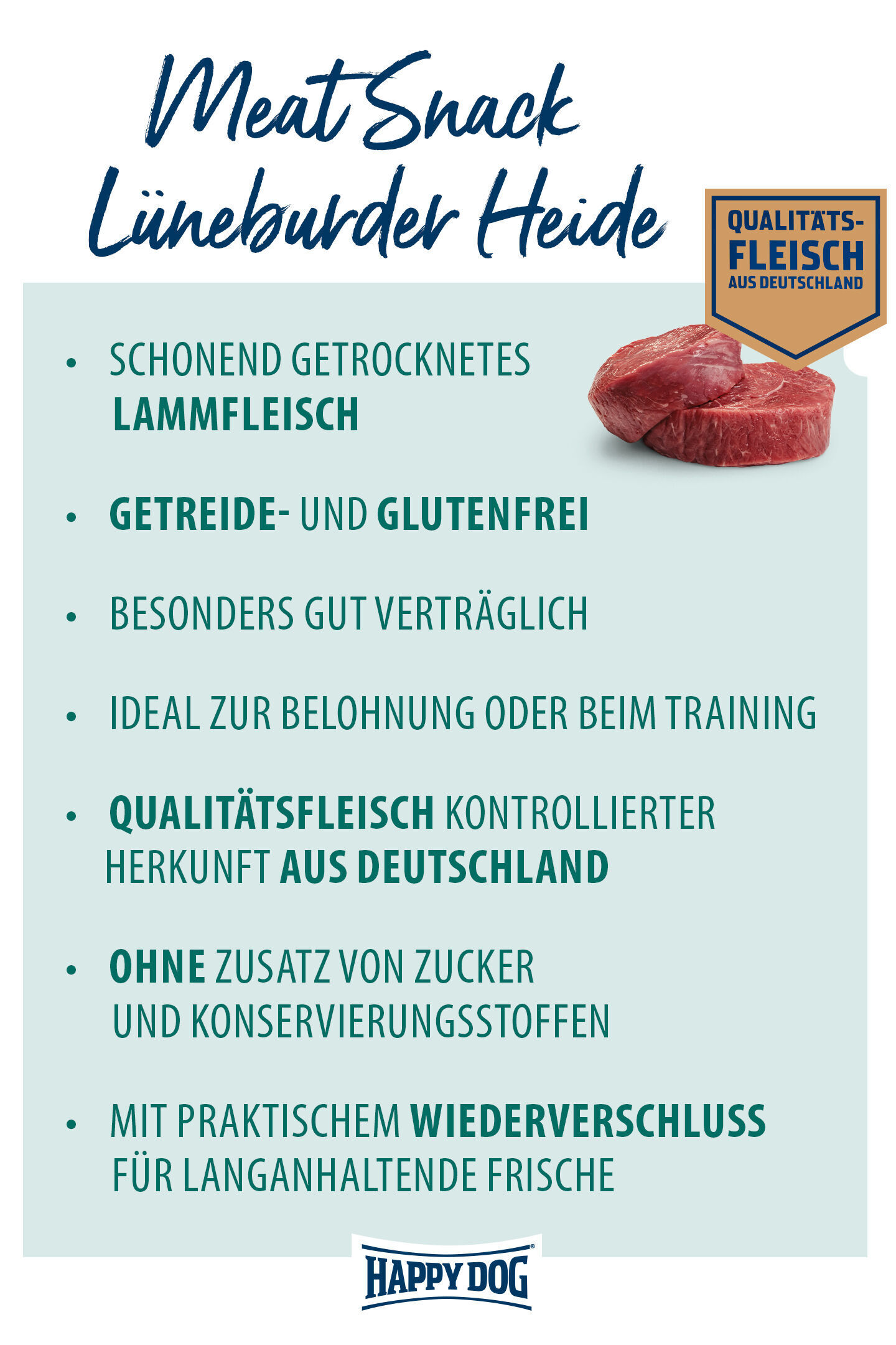 MeatSnack Lüneburger Heide, Lammfleisch, getreide- und glutenfrei, ideal zur Belohnung, Qualitätsfleisch aus Deutschland. Ohne Zuckerzusatz. Wiederververschluss für Frische. Marke: Happydog.