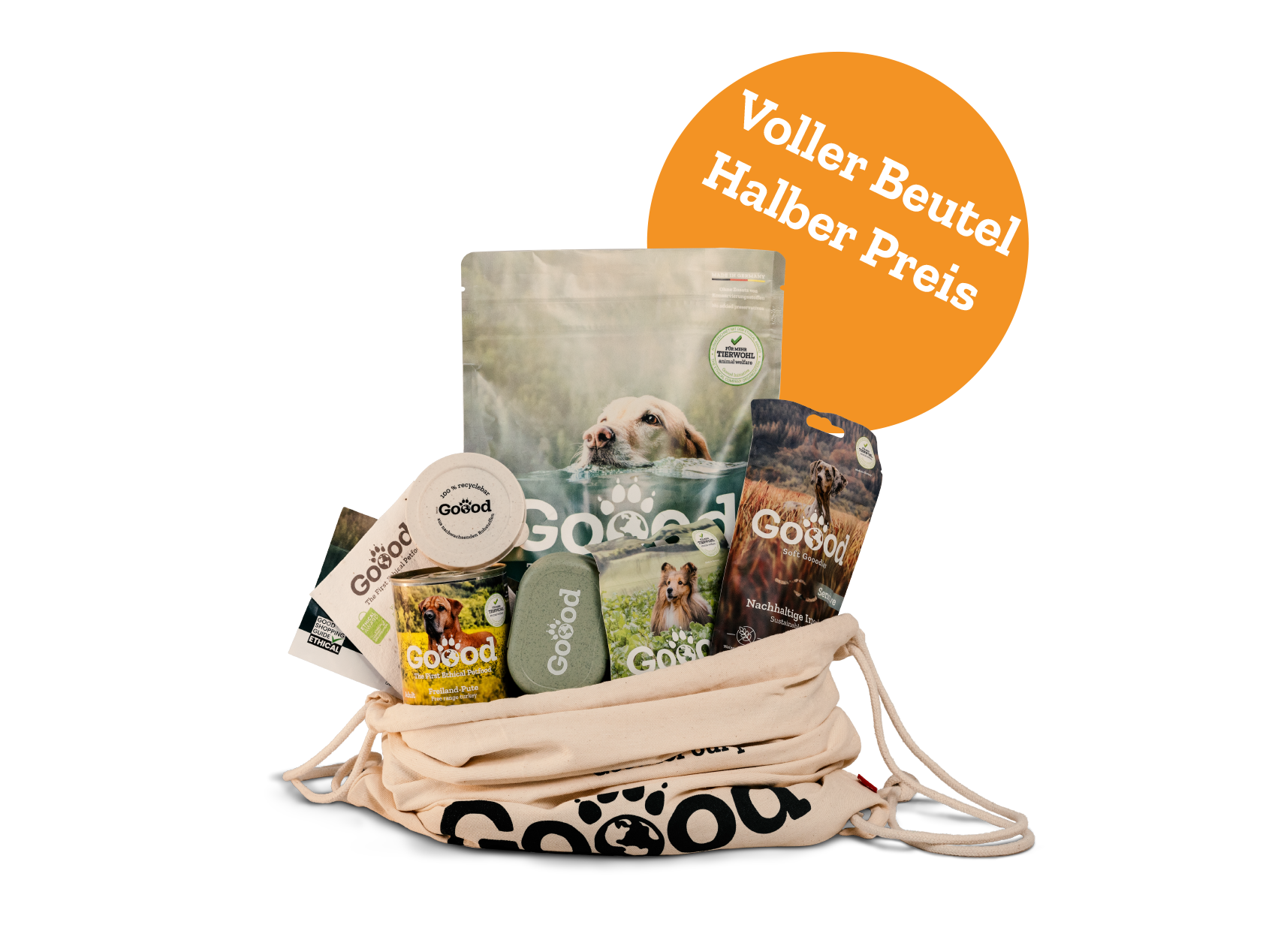 Ein Beutel der Marke Gooood liegt befüllt mit verschiedenen Hundeprodukten auf dem Boden. Ihn gibt es zum halben Preis.