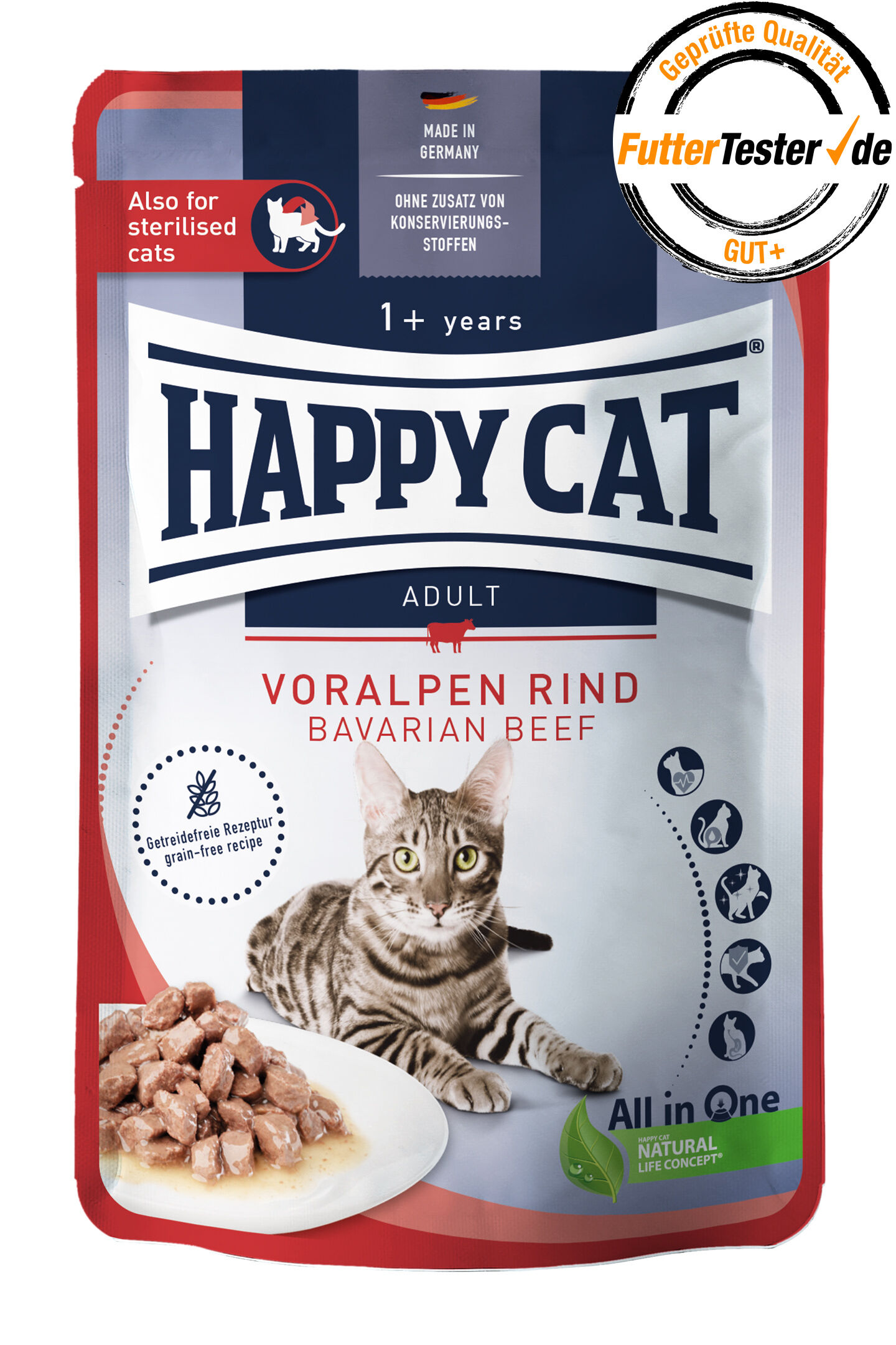 Verpackung von "Happy Cat" Katzenfutter mit der Aufschrift "Voralpen Rind" und einem Bild einer Katze neben Fleischstücken, betont getreidefreie Rezeptur und für sterilisierte Katzen geeignet.