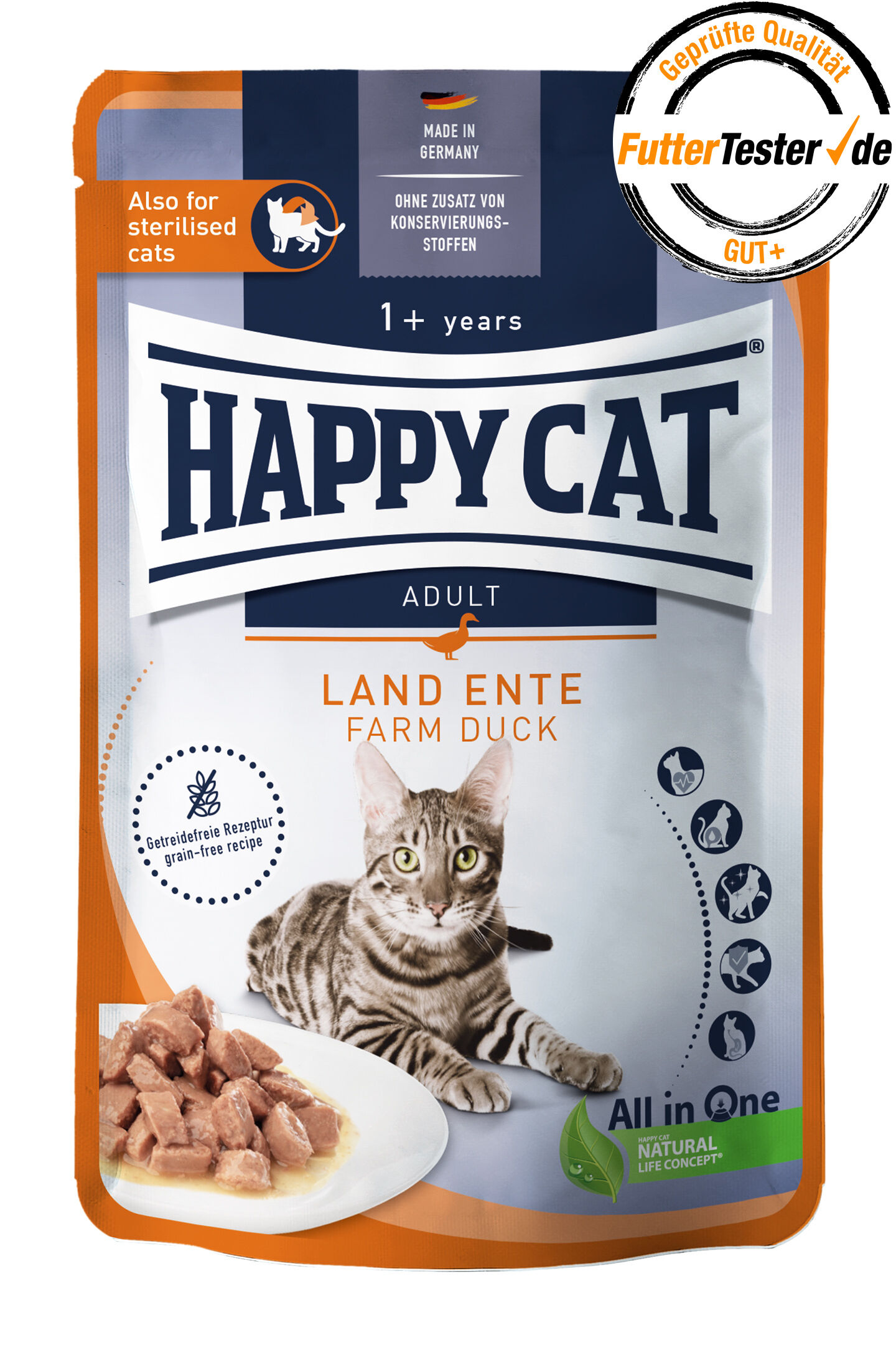 Die Verpackung zeigt das Katzenfutter "Happy Cat Adult Land Ente," geeignet für sterilisierte Katzen, getreidefrei, hergestellt in Deutschland. Text: "Geprüfte Qualität FutterTester.de GUT+".