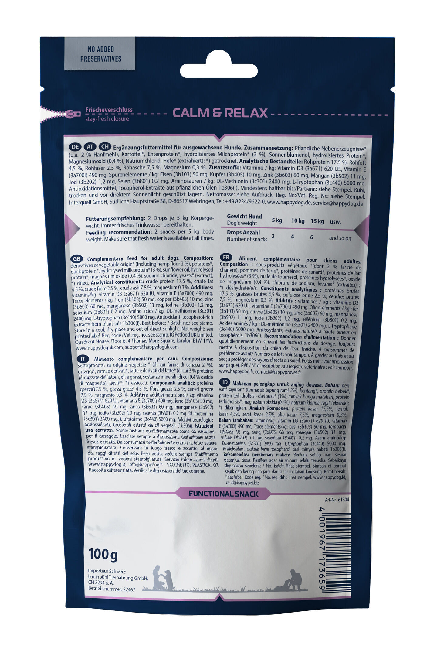 Verpackung eines Ergänzungsfuttermittels für ausgewachsene Hunde mit der Aufschrift "CALM & RELAX" und Markennamen Happydog. Enthält Angaben zur Zusammensetzung, analytische Bestandteile und Fütterungsempfehlungen.