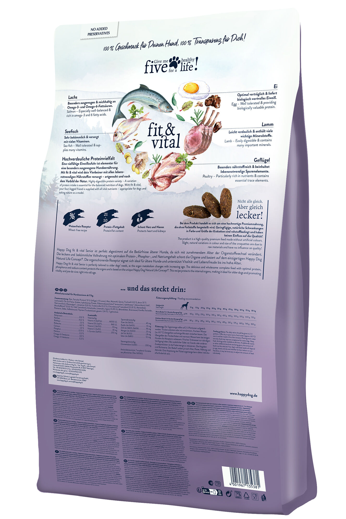 Eine lila Verpackung mit Text in mehreren Sprachen beschreibt Inhaltsstoffe und Nährwerte eines Hundeprodukts. Grafiken zeigen Fisch, Ei, Lamm und Geflügel. Marke: Happydog.