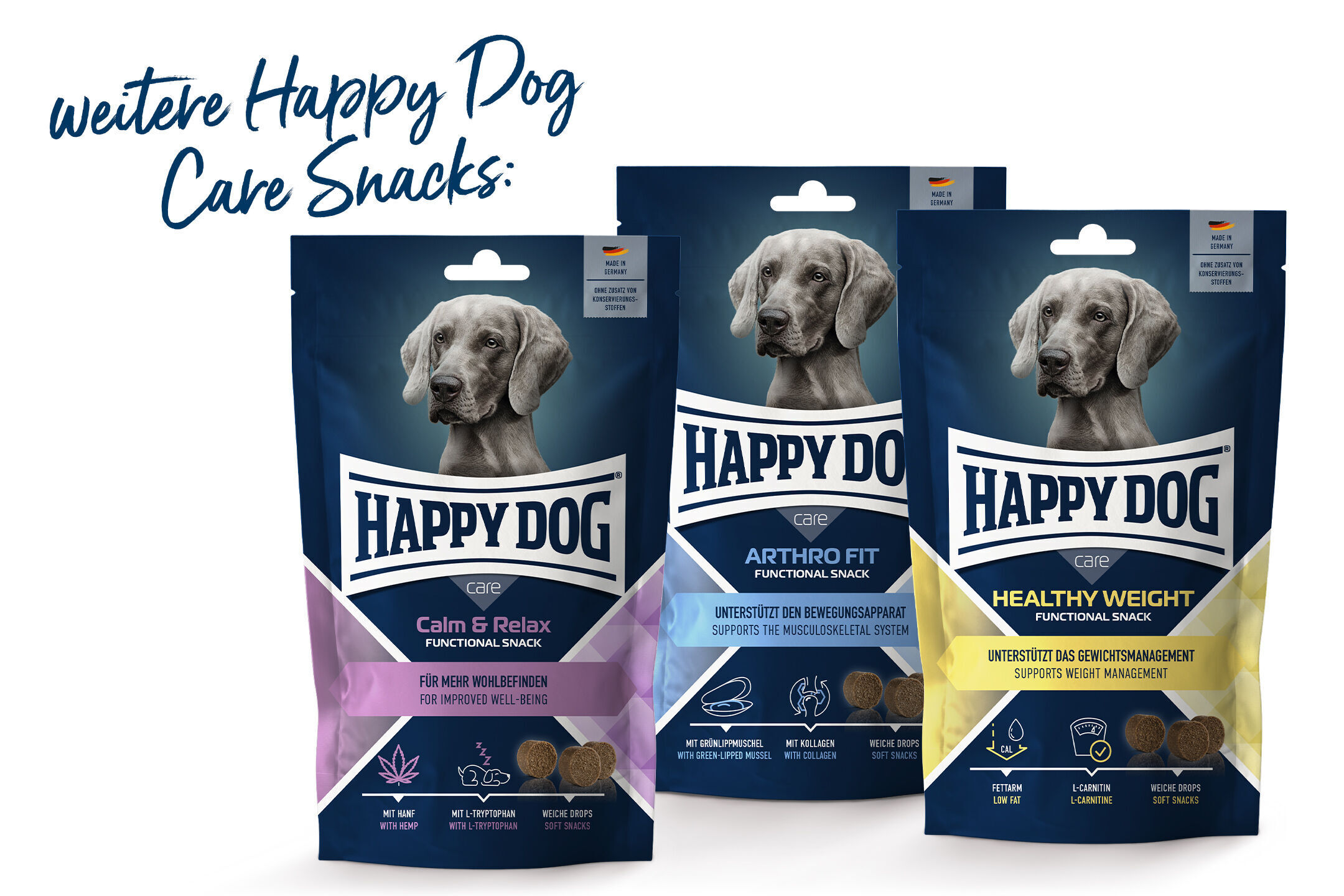 Verpackungen von Happy Dog Care Snacks für Hunde in drei Sorten: Calm & Relax, Arthro Fit, Healthy Weight. Text: "weitere Happy Dog Care Snacks."
