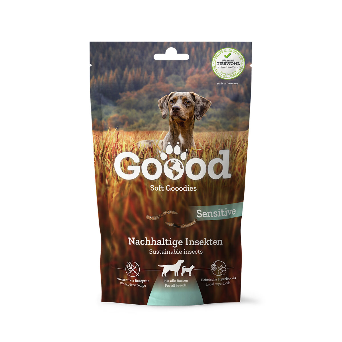 Soft Gooodies - Sustainable Insects Verpackung mit Hundemotiv, gekennzeichnet als "Goood Soft Goodies Sensitive". Enthält nachhaltige Insekten. Eigenschaften: weizenfreie Rezeptur, für alle Rassen, heimische Superfoods. Made in Germany.