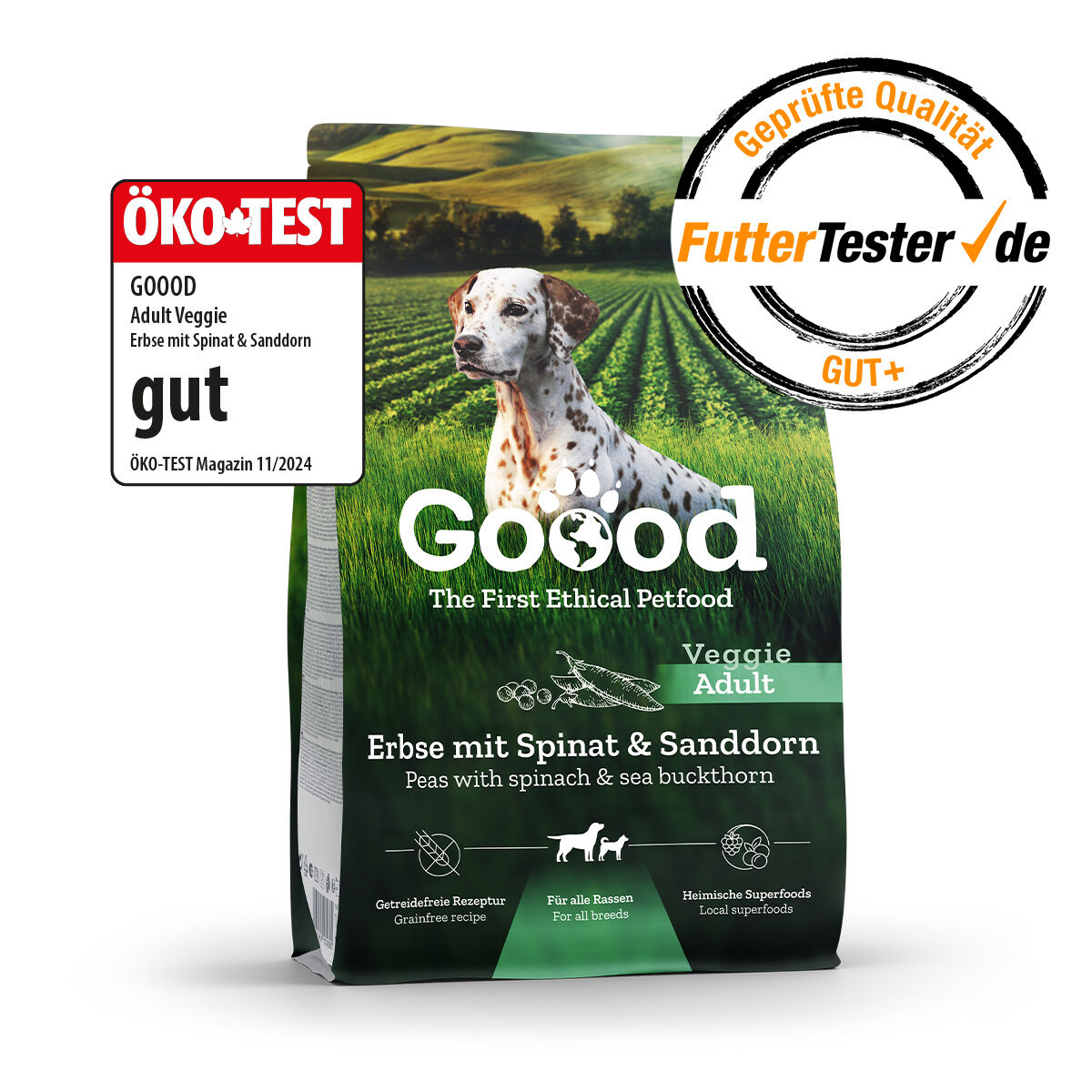 Das Bild zeigt eine Packung „Goood“ veganes Hundefutter mit Erbsen, Spinat und Sanddorn. Es ist für alle Rassen geeignet und hat eine getreidefreie Rezeptur. Text: „ÖKO-TEST gut, FutterTester gut+“.