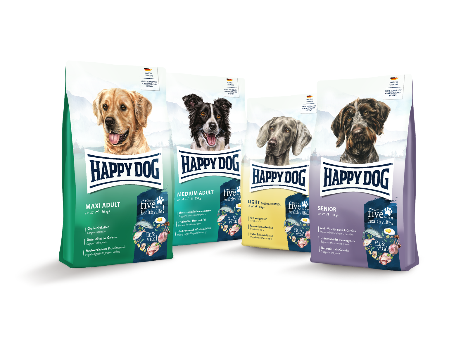 Vier Happydog-Hundefutterbeutel für verschiedene Bedürfnisse: Maxi Adult, Medium Adult, Light Calorie Control, Senior. Jeder Beutel zeigt einen Hund und spezielle Ernährungsinformationen.