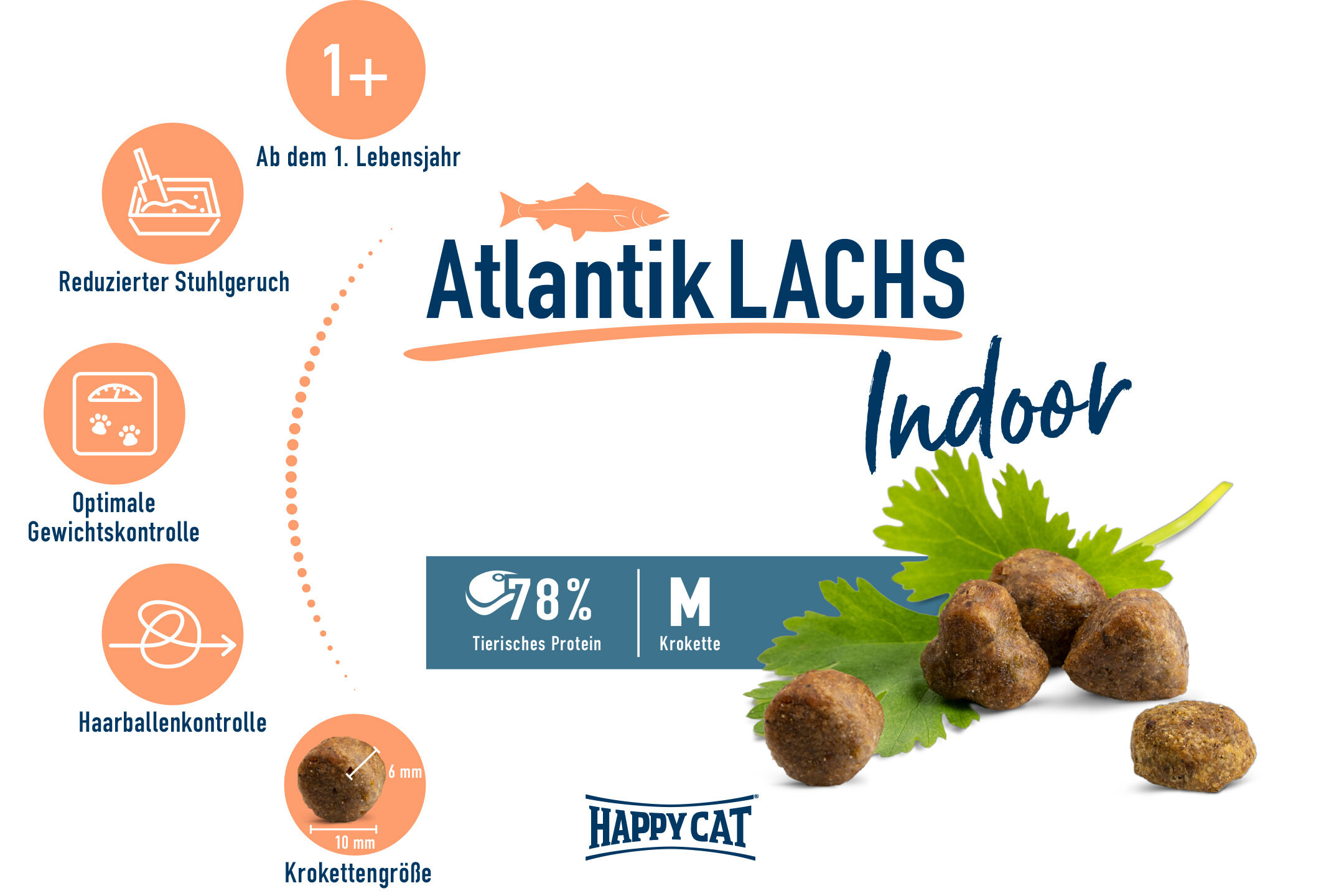 Katzenfutter mit Atlantik-Lachs von Happycat; bietet reduzierte Haarballen und Gewichtskontrolle. Geeignet ab 1. Lebensjahr. Enthält 78% tierisches Protein, mittlere Krokettengröße.