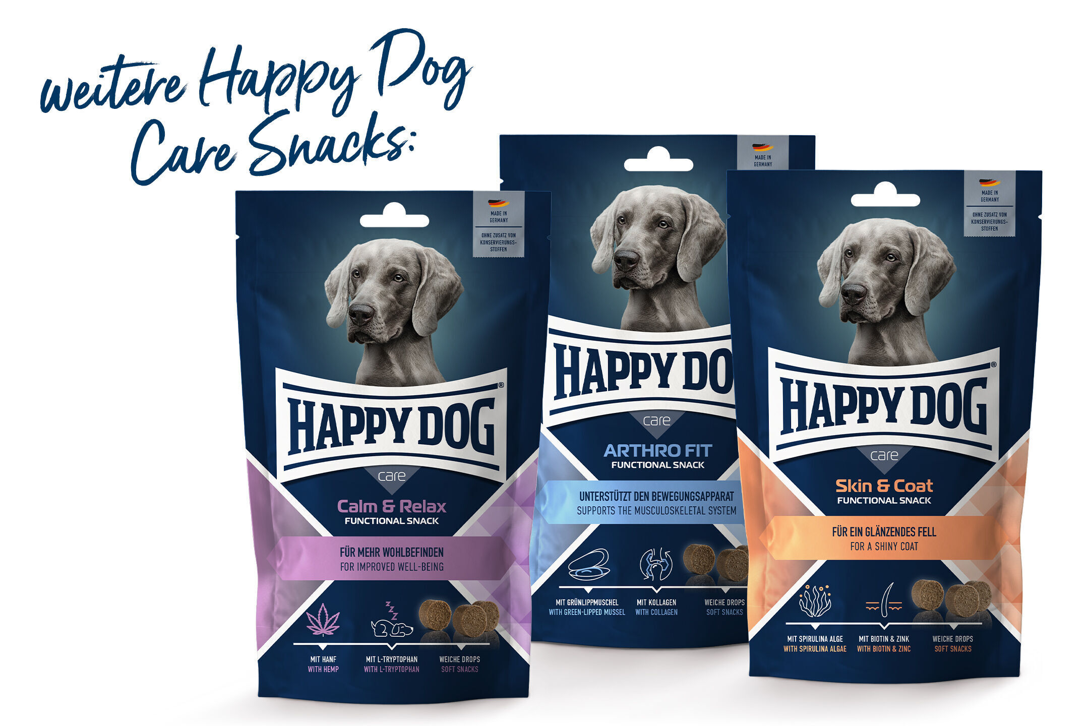 Drei Happy Dog Verpackungen von Care Snacks für Hunde, jeweils mit spezifischen Funktionen: Calm & Relax, Arthro Fit und Skin & Coat. "weitere Happy Dog Care Snacks:"