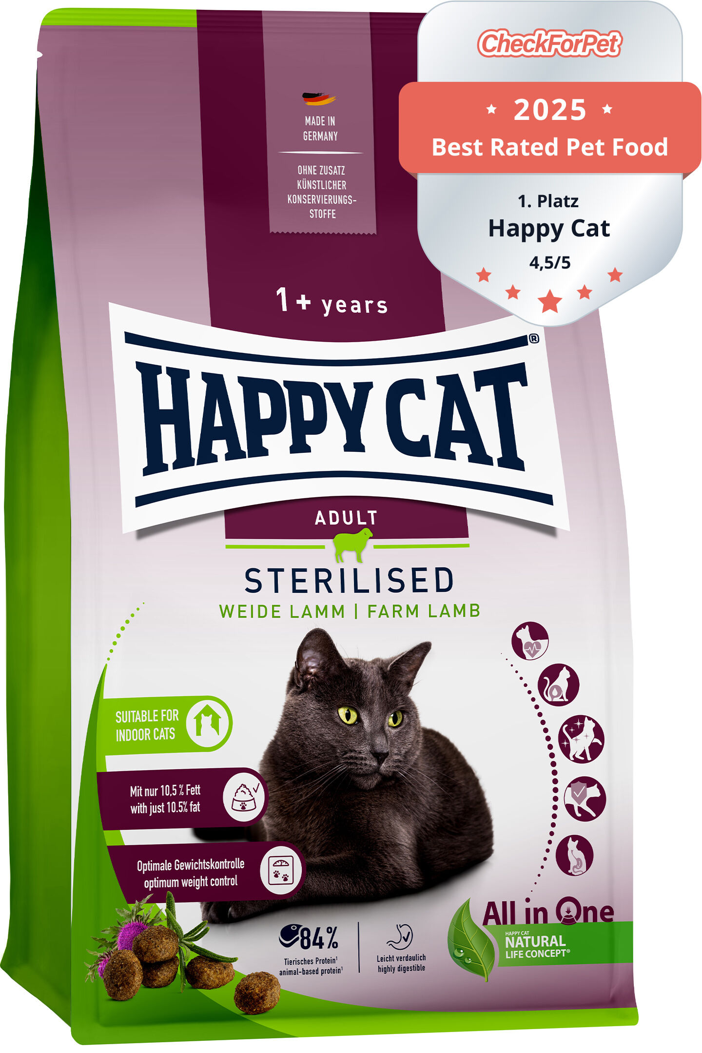 Verpackung von Happy Cat Katzenfutter für sterilisierte erwachsene Katzen mit Weidelammgeschmack. Enthält Siegel „Best Rated Pet Food 2023“, Hinweis auf kontrolliertes Gewicht und 84% tierisches Protein.