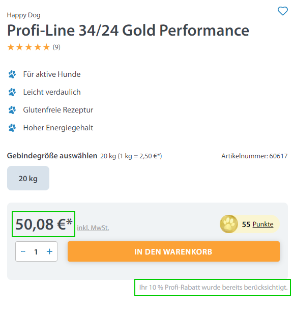 Screenshot eines Produkts im Online-Shop von Happy Dog, mit Rabatt.