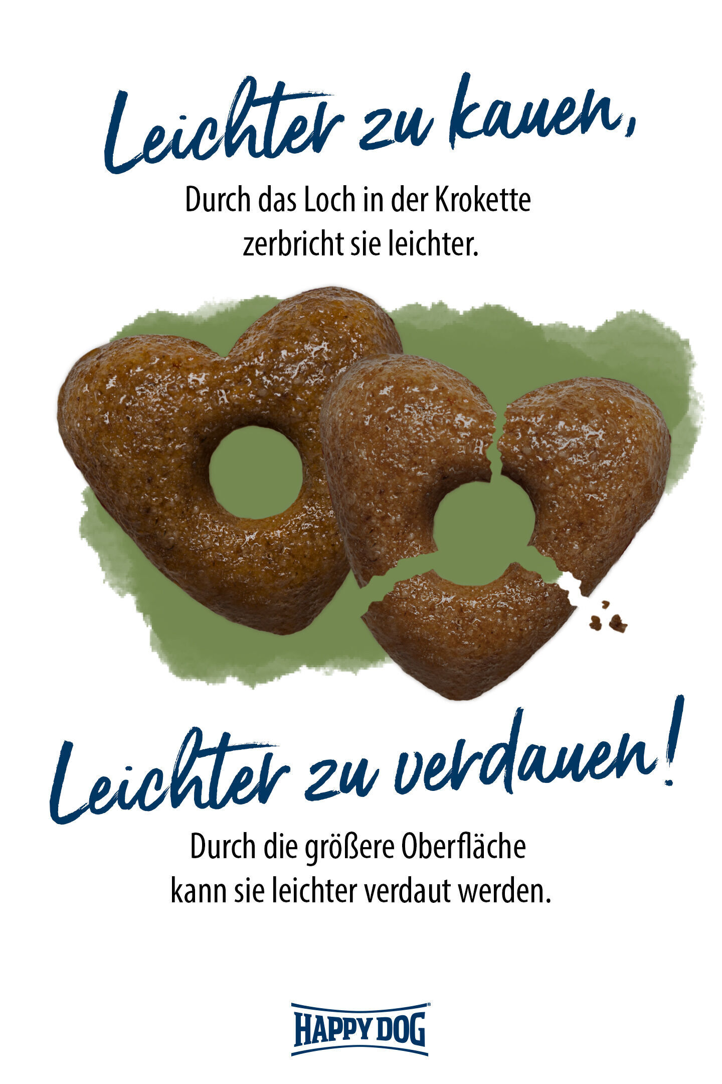 Herzförmige Krokette - Zerteilt durchbrechen - Grüne Fläche. Text: „Leichter zu kauen, durch das Loch zerbricht sie leichter. Leichter zu verdauen, größere Oberfläche. Happydog.“