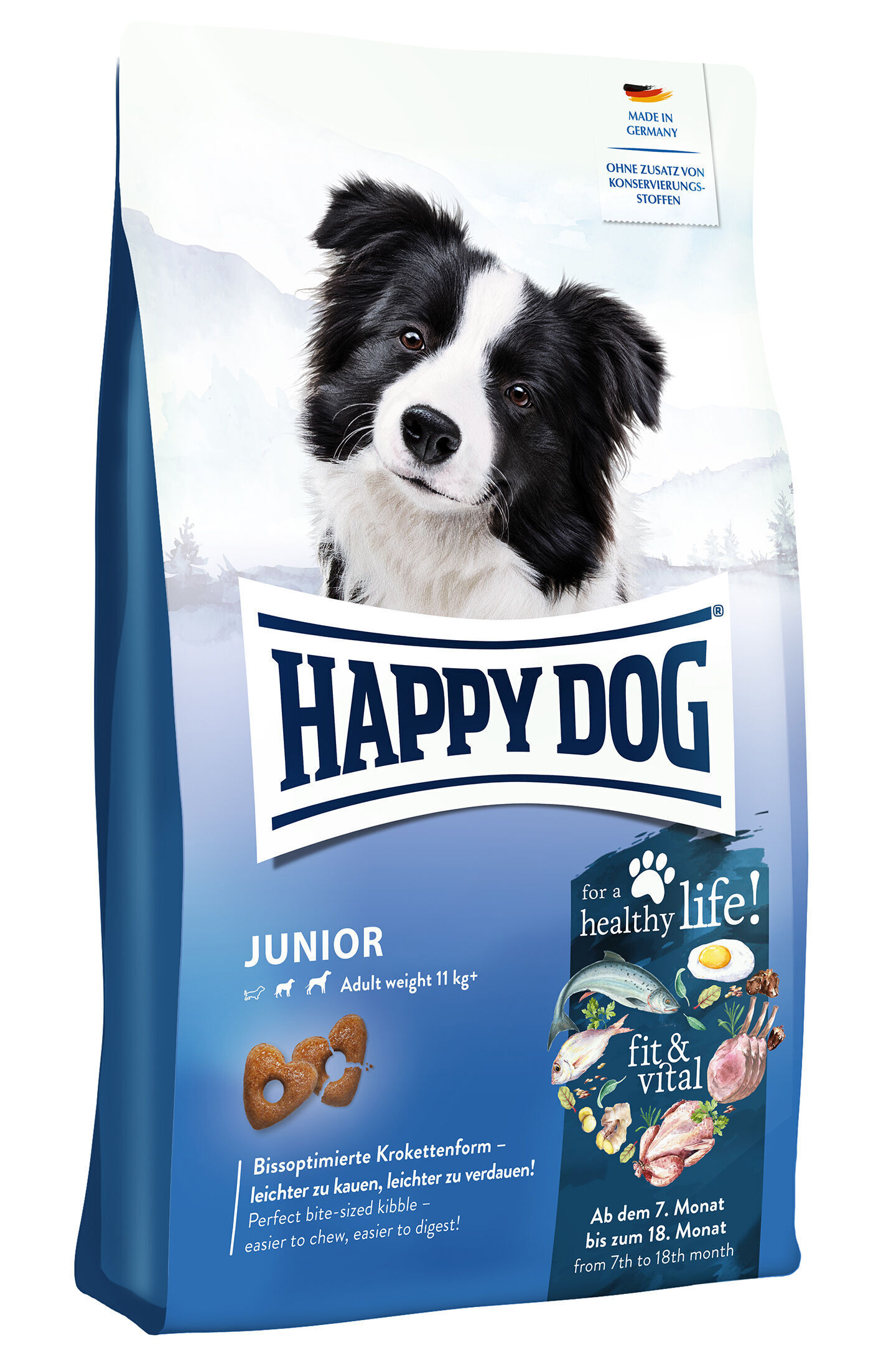 Hundetrockenfutterbeutel "Happy Dog Junior", zeigt einen schwarz-weißen Hund. Text: "Made in Germany", "Ohne Zusatz von Konservierungsstoffen", "Bissoptimierte Krokettenform", "For a healthy life!" und "Fit & Vital".