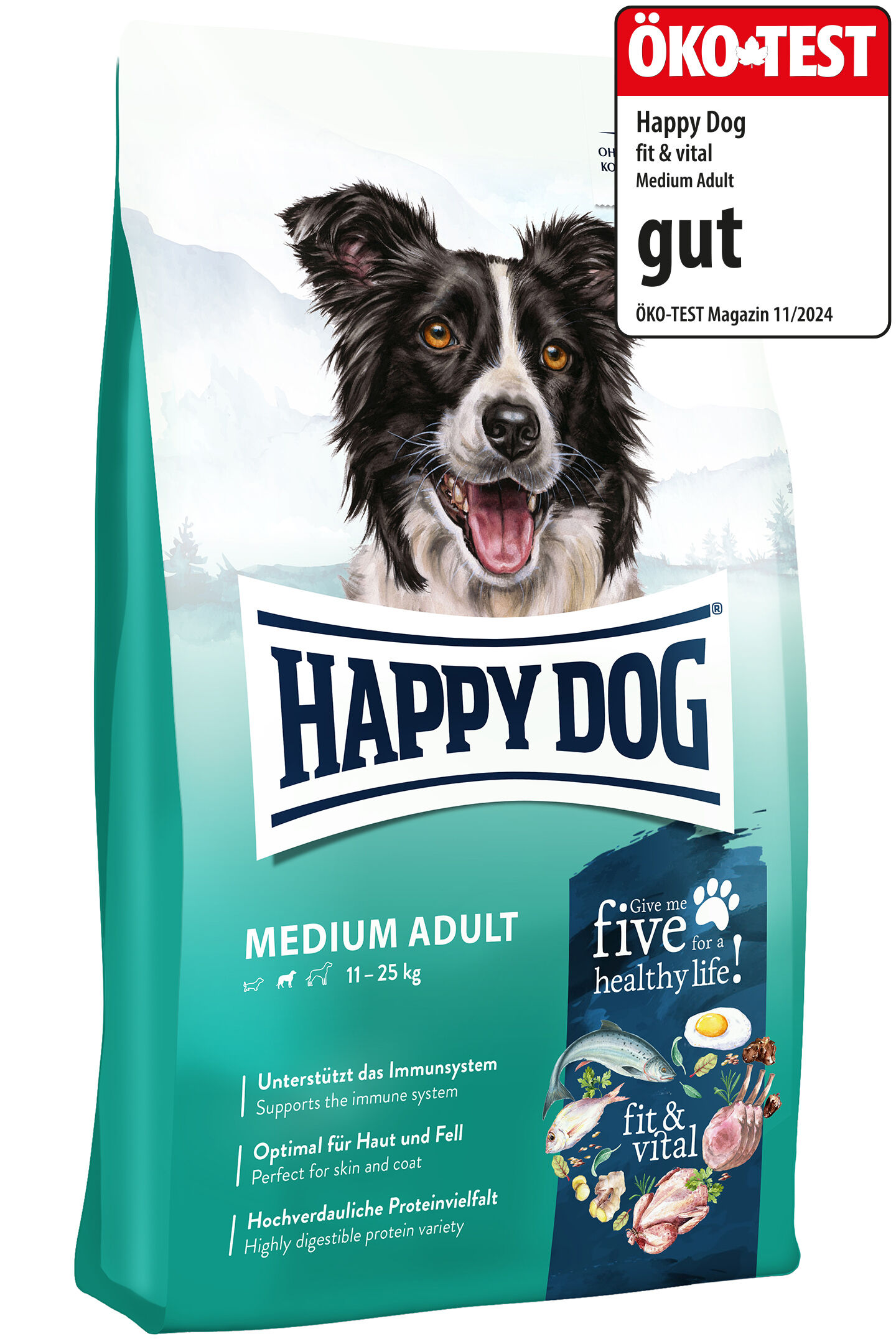 Hundebild auf Verpackung von „Happy Dog Medium Adult“ für Hunde 11-25 kg. Text: „Unterstützt das Immunsystem, Optimal für Haut und Fell, Hochverdauliche Proteinvielfalt.“ ÖKO-TEST bewertet mit „gut“.