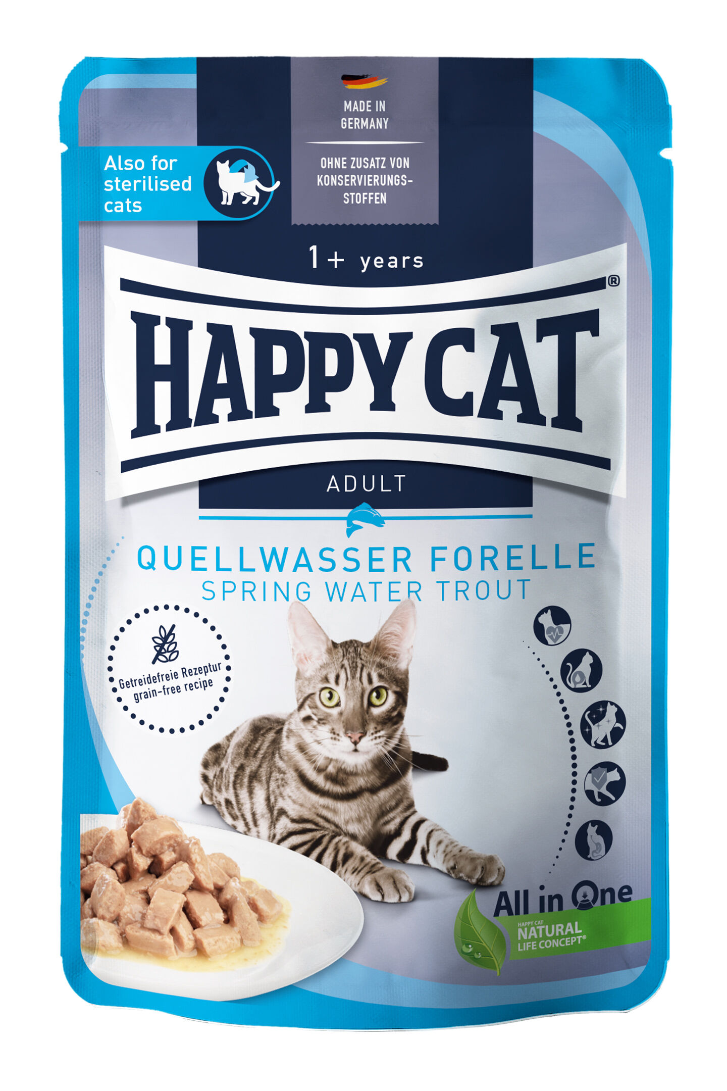 Meat in Sauce - Culinary Quellwasser-Forelle (Forel) Nassfutterpackung von Happy Cat in der Sorte Culinary Quellwasser Forelle.