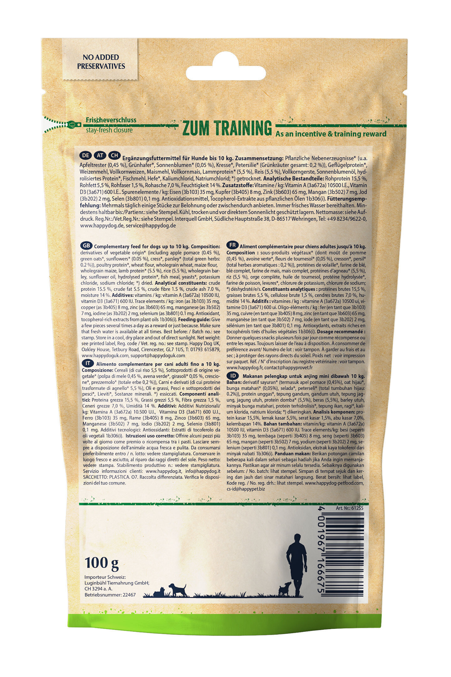 Verpackung von Hundeleckerlis mit Frischverschluss und englischen, deutschen, französischen sowie italienischen Texten über Zusammensetzung und Verwendung. HappyDog-Website angegeben. 100 g Inhalt, keine Konservierungsstoffe zugefügt.