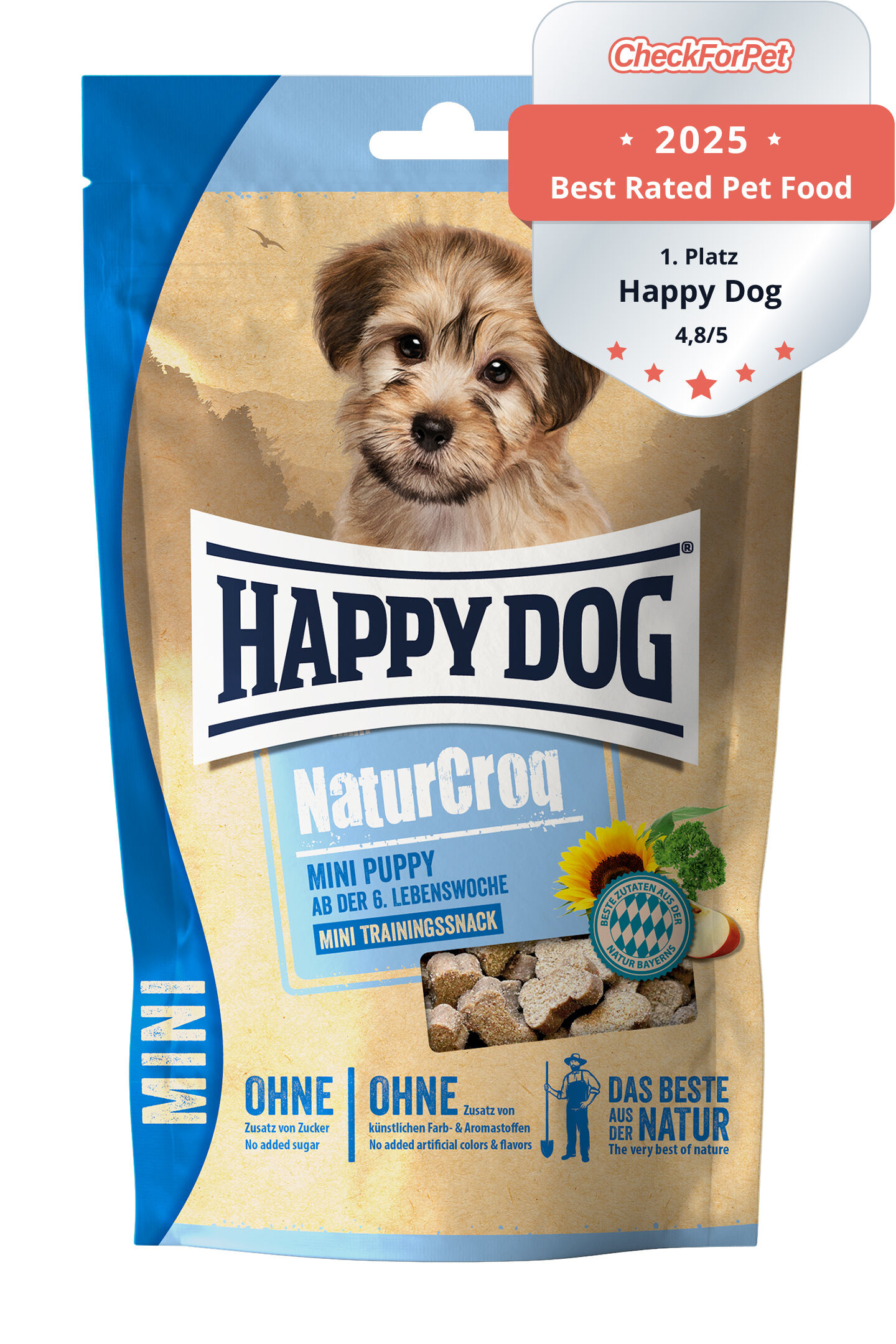 Verpackung mit Hundebild und der Marke „Happydog“. Text: „NaturCroq MINI PUPPY ab der 6. Lebenswoche, MINI TRAININGSSNACK, OHNE Zusatz von Zucker, OHNE künstliche Farb- & Aromastoffe, DAS BESTE AUS DER NATUR“.