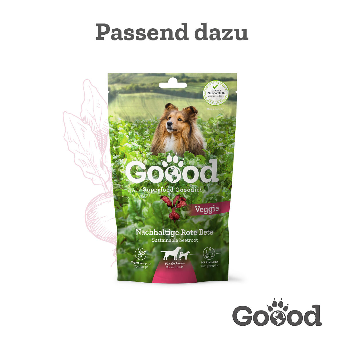 Zwei Verpackungen von "Goood" Superfood Goodies, jeweils mit Hundebildern, Text: "Nachhaltige Rote Bete" und "Bio-Hanf Cracker". Text oben: "Passend dazu", unten: "Goood".