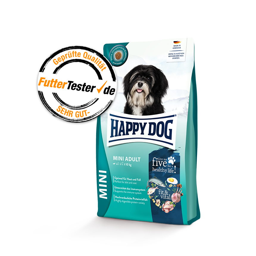 Darstellung der Produktverpackung von Happy Dog fit&vital in der Sorte Medium Adult Mini. Die Auszeichnung von FutterTester mit der Note Sehr Gut ist beigefügt.