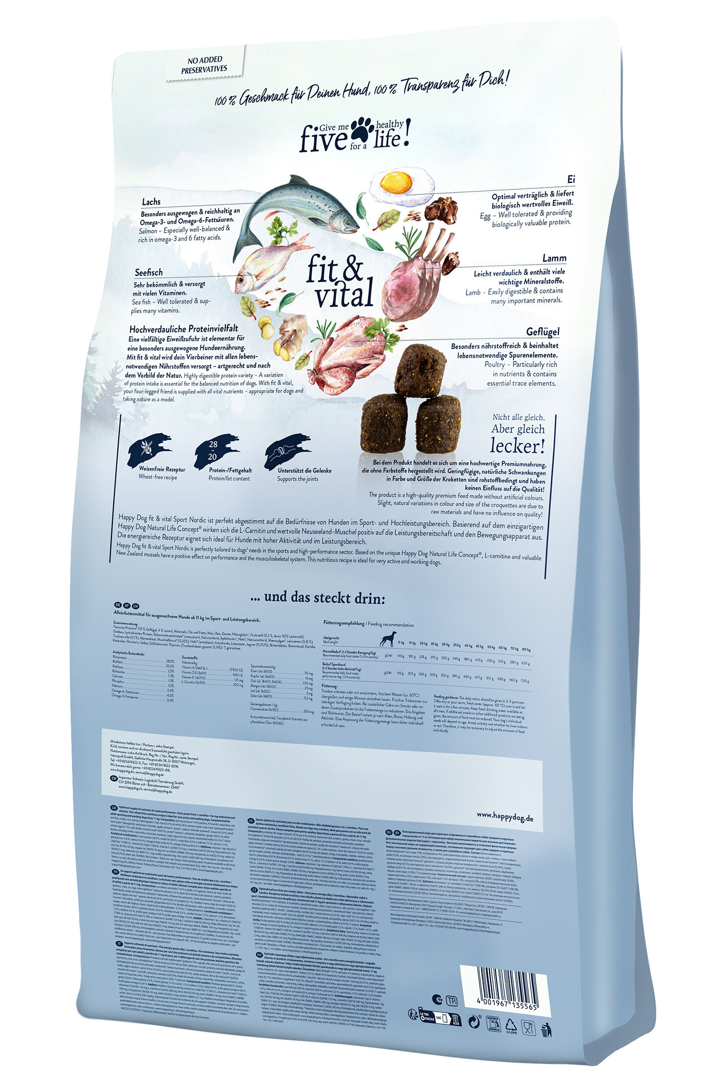 Verpackung mit Informationen und Illustrationen zu Hundetrockenfutter. Texte betonen hochwertige Proteine, Omega-3-Quellen, Gelenkunterstützung. Marke "Happydog" und Fütterungsempfehlungen werden hervorgehoben.
