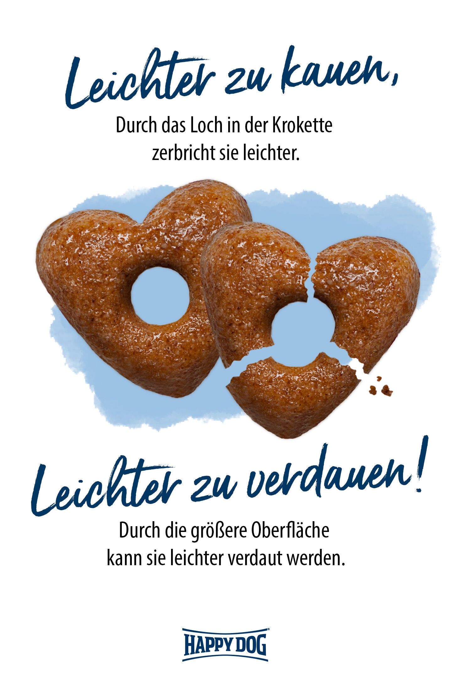 Krokette mit Loch - erleichtert das Zerkauen und Verdauen. Text: "Leichter zu kauen, leichter zu verdauen!" Happydog-Logo unten.