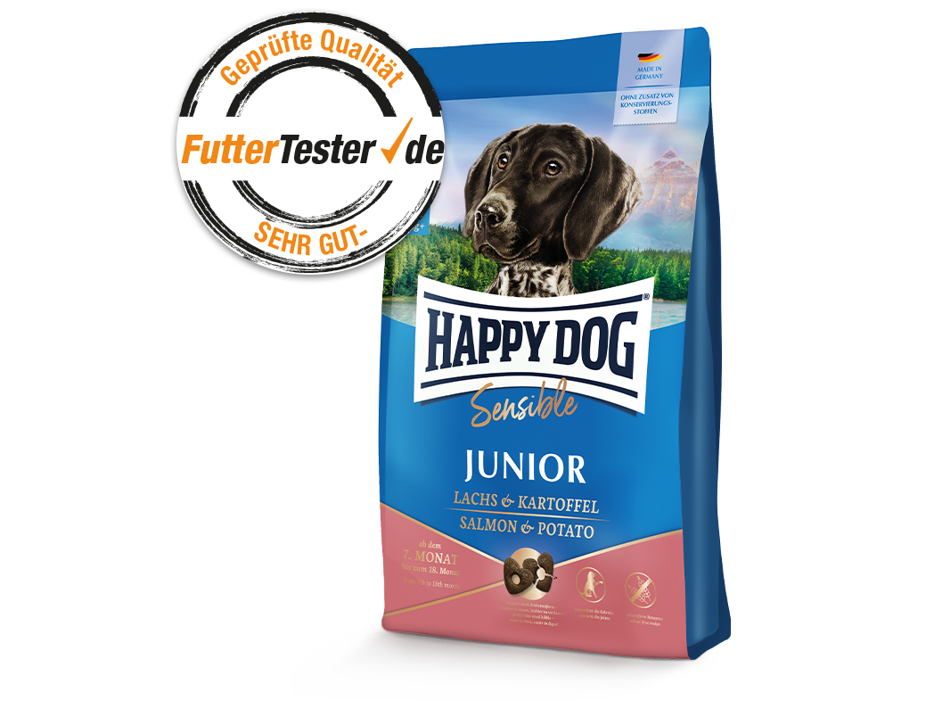 Darstellung der Produktverpackung von Happy Dog Sensible Junior. Die Auszeichnung von FutterTester mit der Note Sehr Gut ist auch abgebildet.