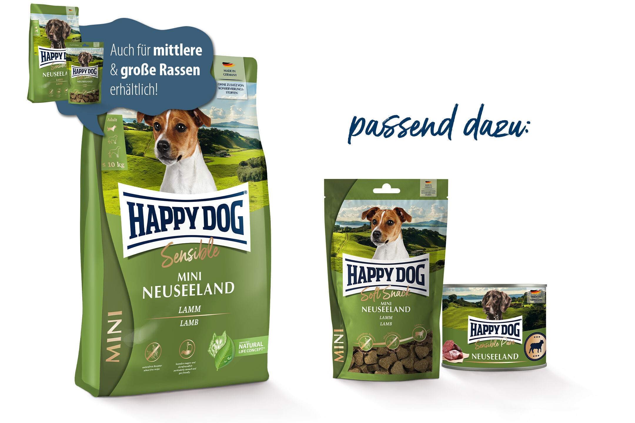 Hundetrockenfutter von Happydog, Sorte "Sensible Mini Neuseeland Lamm", auf grüner Verpackung mit Landschaftsabbildung. Text: "Auch für mittlere & große Rassen erhältlich!"