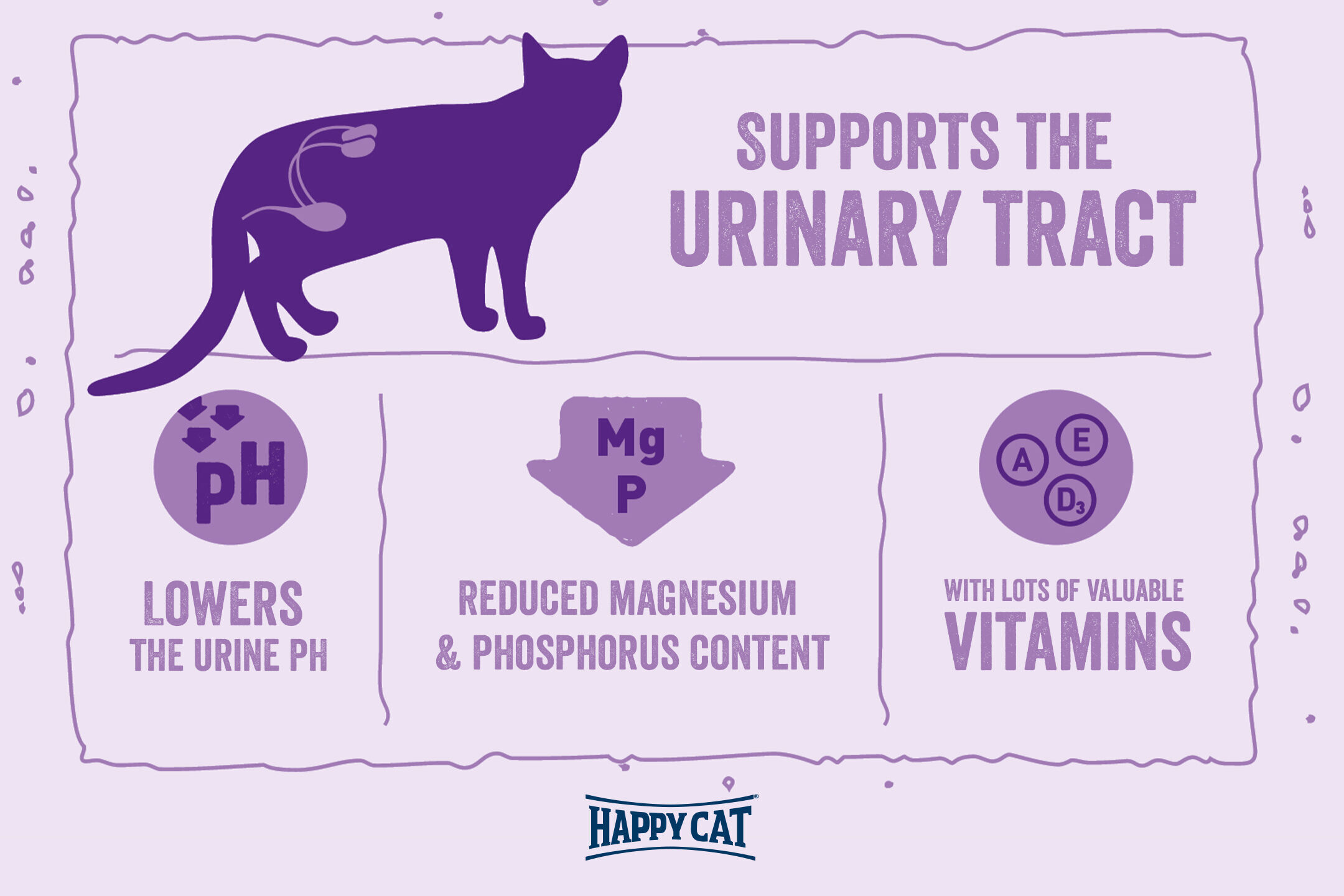 Ein violetter Katzenumriss mit Text beschreibt Nahrungsergรคnzungen zur Unterstรผtzung der Harnwege: โLowers the Urine pHโ, โReduced Magnesium & Phosphorus Contentโ, โWith Lots of Valuable Vitaminsโ. Markenname: โHappy Catโ.
