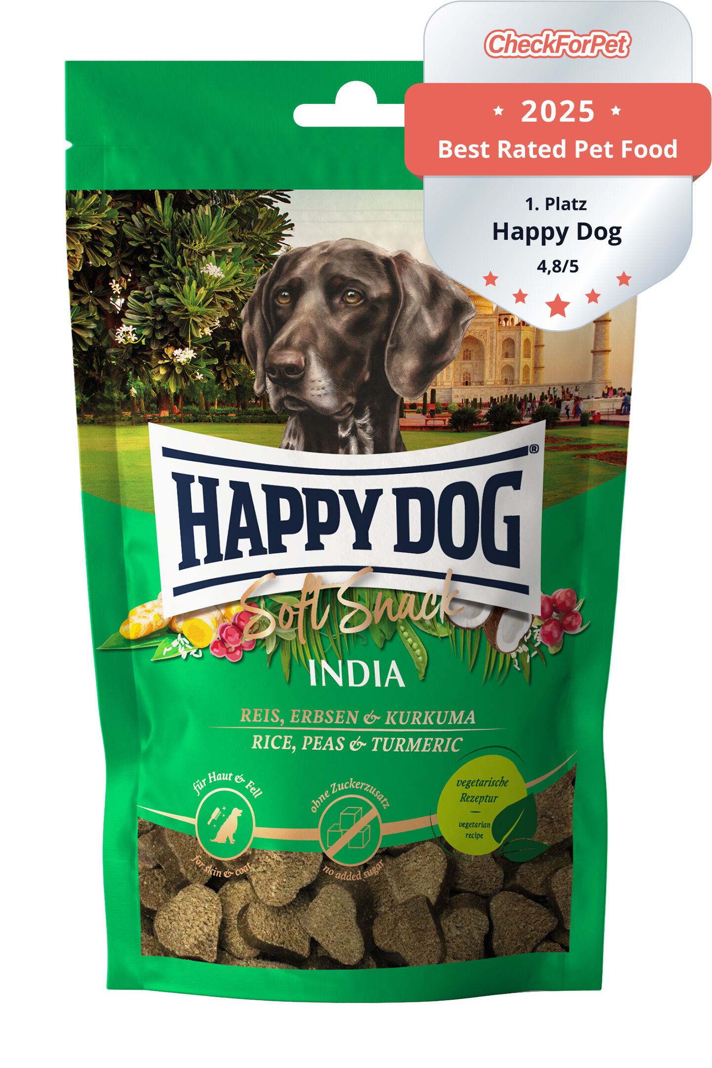 Verpackung von Happydog-Hundesnacks "Soft Snack India" mit Reis, Erbsen und Kurkuma; enthält Bild eines Hundes vor dem Taj Mahal; "Made in Germany" ohne Konservierungsstoffe.