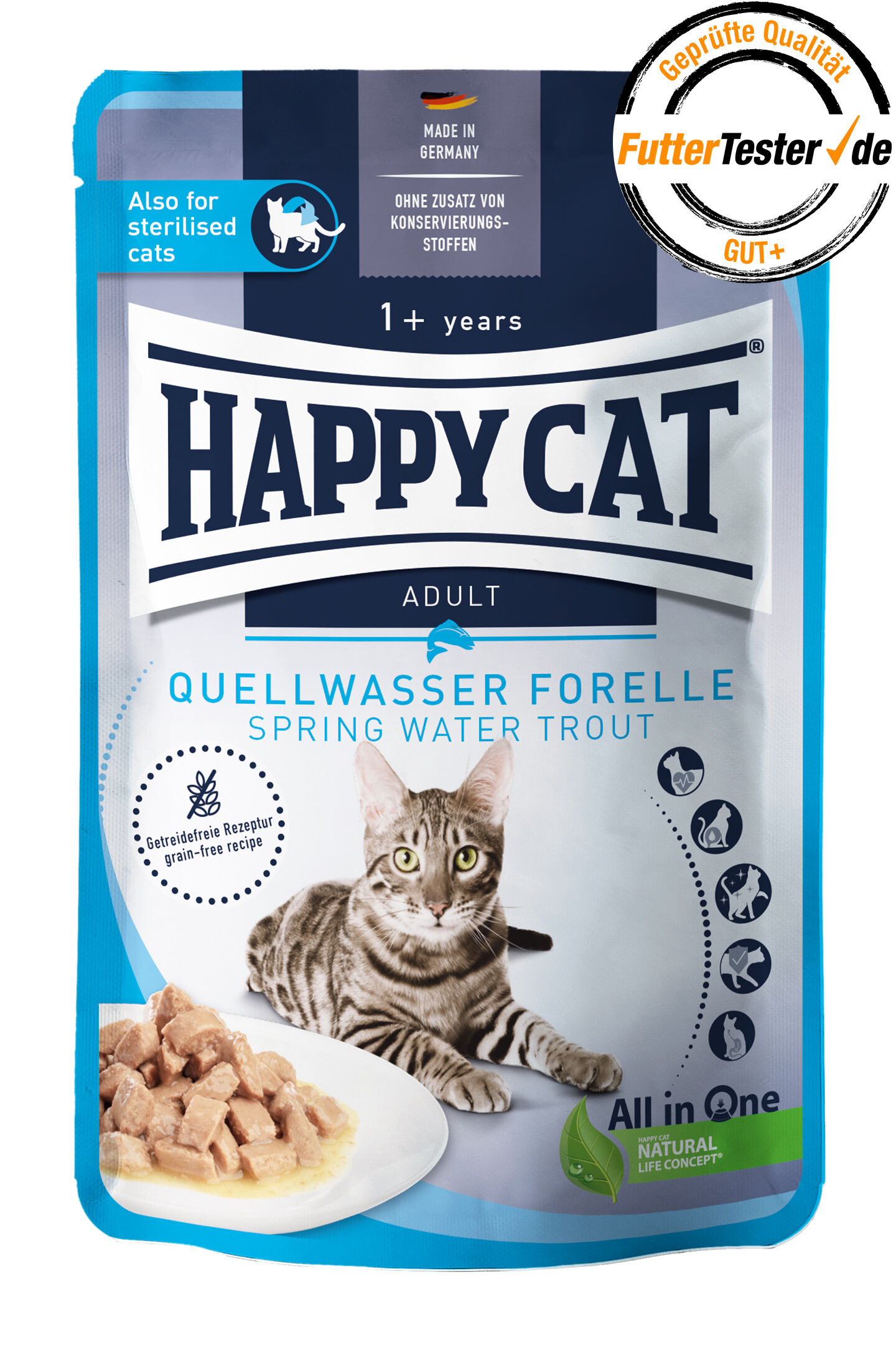 Meat in Sauce - Culinary Quellwasser-Forelle Verpackung von "Happycat" Katzenfutter. Bild einer Katze, daneben abgebildet: Forellenstücke. Texte: "Happy Cat", "Quellwasser Forelle", "Getreidefreie Rezeptur", "Adult", "Auch für sterilisierte Katzen".