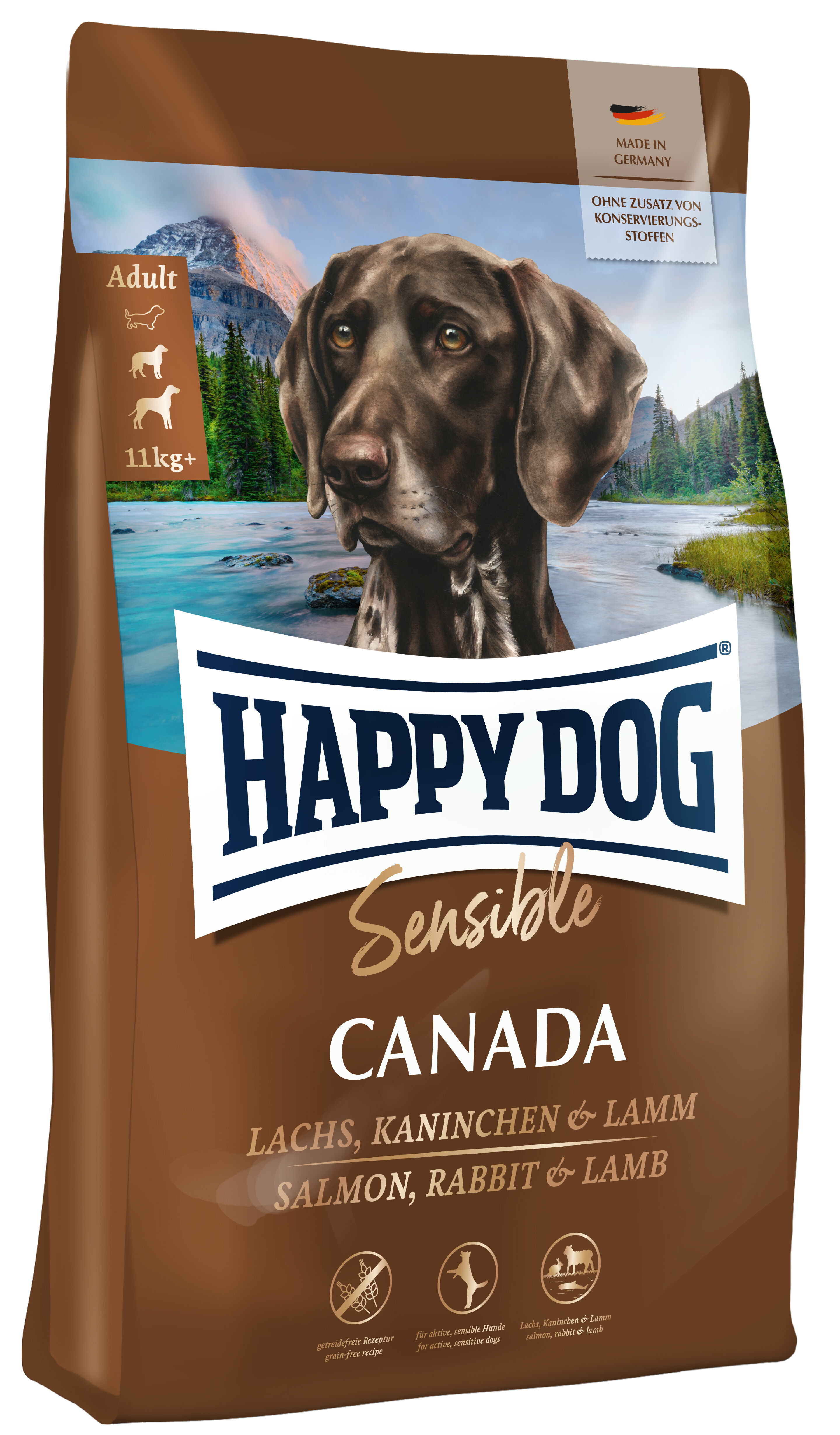 Happydog Hunde-Trockenfutter-Packung mit Bild eines Hundes, Berglandschaft im Hintergrund. Text: „Sensible Canada, Lachs, Kaninchen & Lamm, Made in Germany, ohne Zusatz von Konservierungsstoffen“.