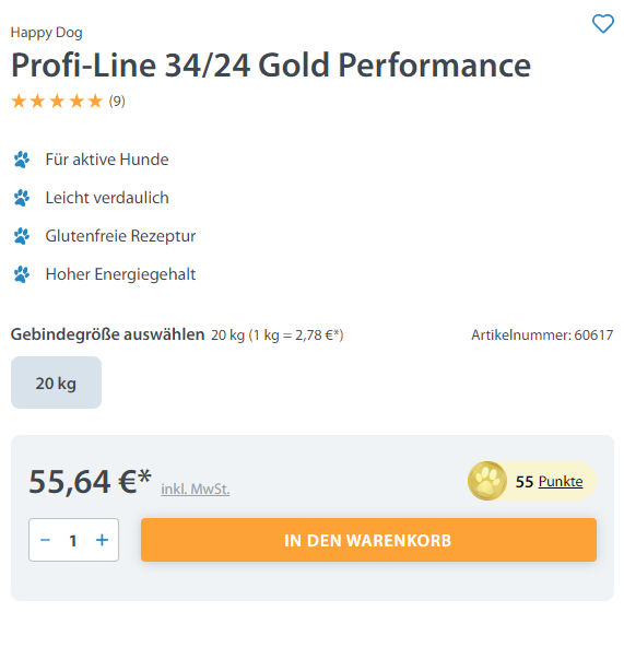 Screenshot eines Produkts im Online-Shop von Happy Dog, ohne Rabatt.