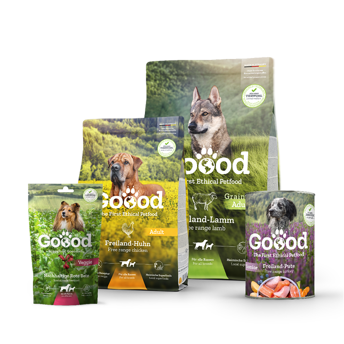 Verschiedene Hundefutter Produkte der Marke Goood.