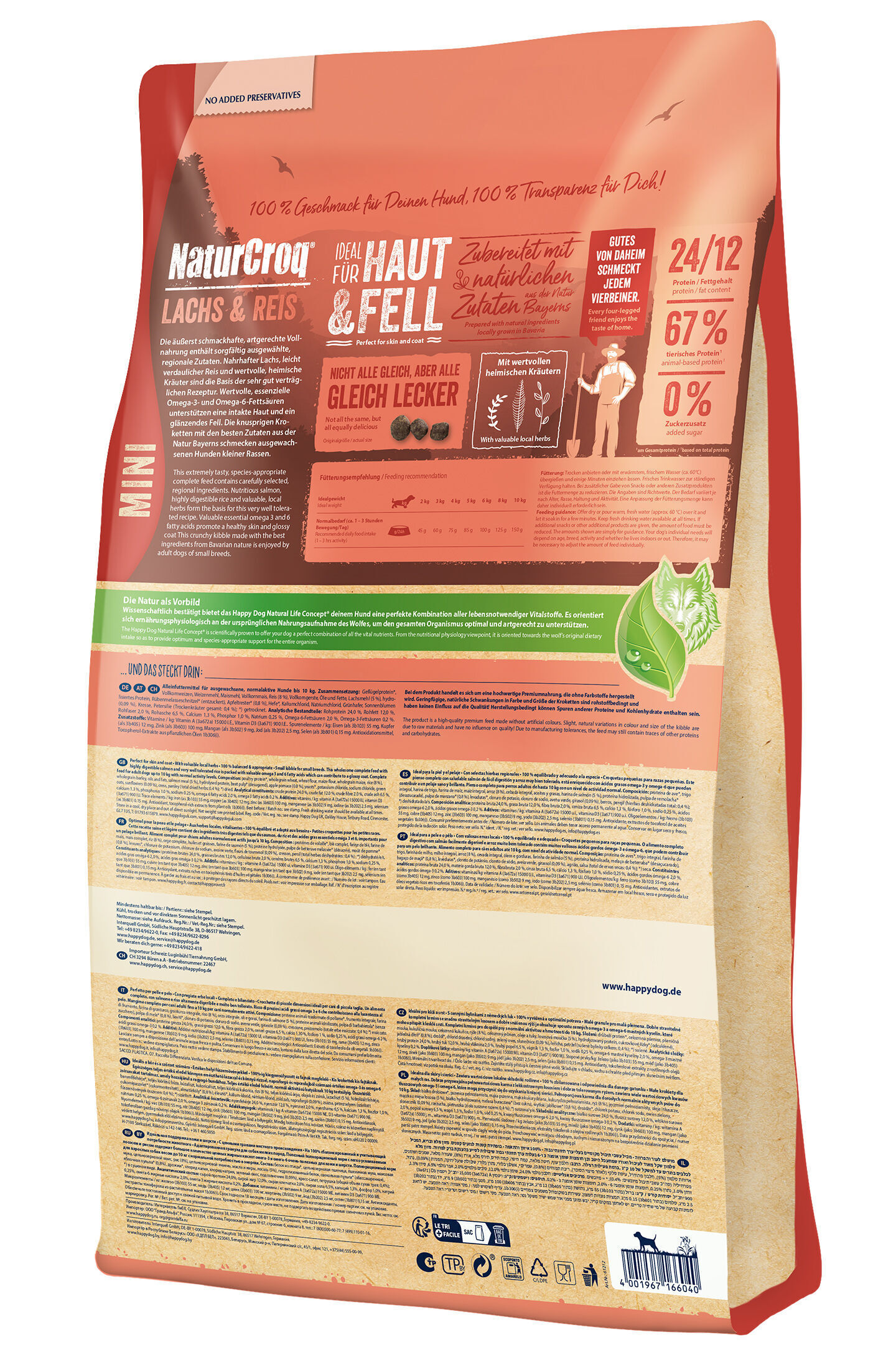 Die Verpackung des Happydog Hundefutters zeigt folgende Details: "NaturCroq Lachs & Reis", ideal fรผr Haut und Fell, enthรคlt wertvolle heimische Krรคuter. Es bietet Protein-/Fettgehalt 24/12 und hat 0% Zuckerzusatz.
