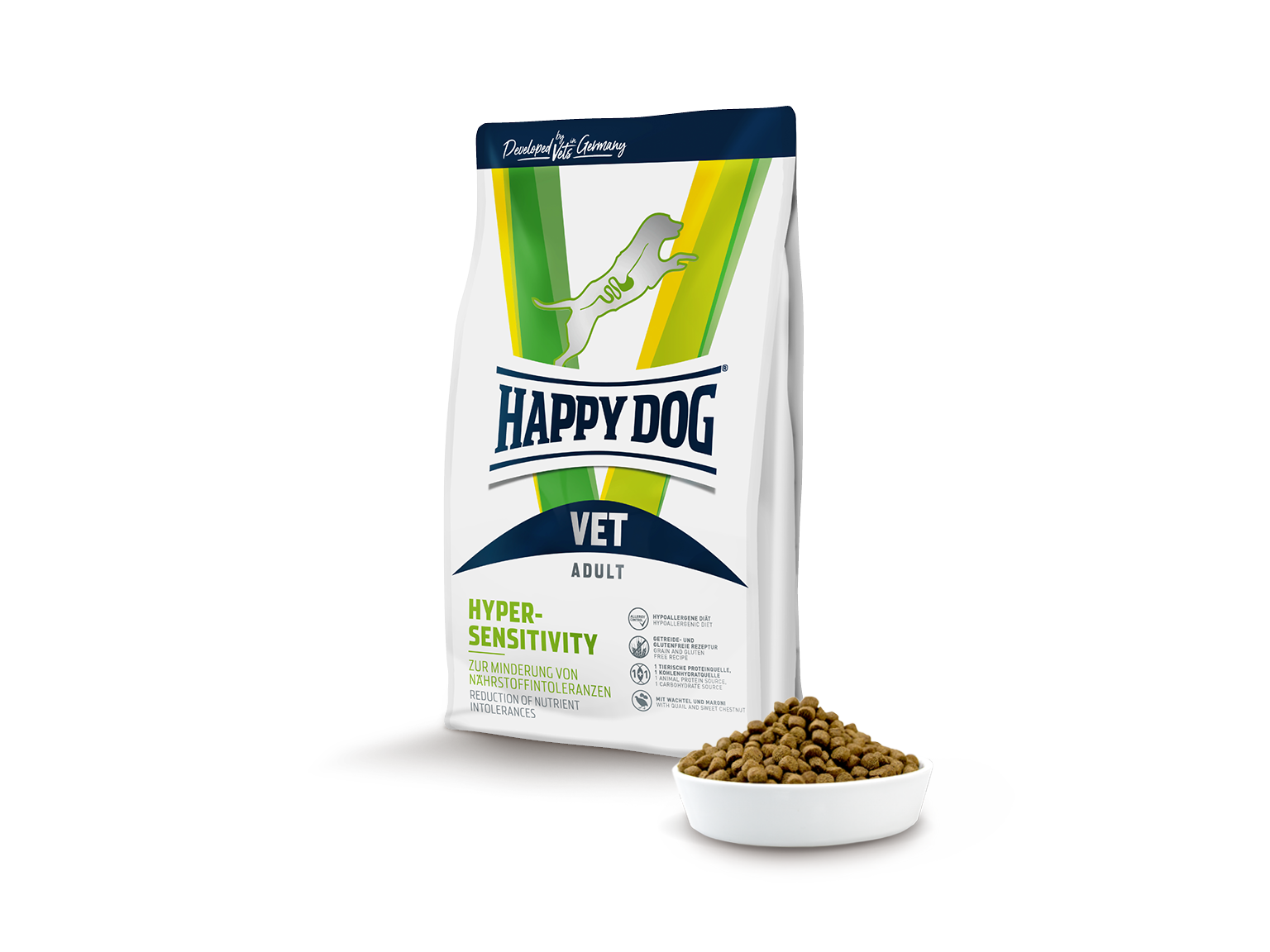 Vet Produkte und ein befüllter Futternapf.