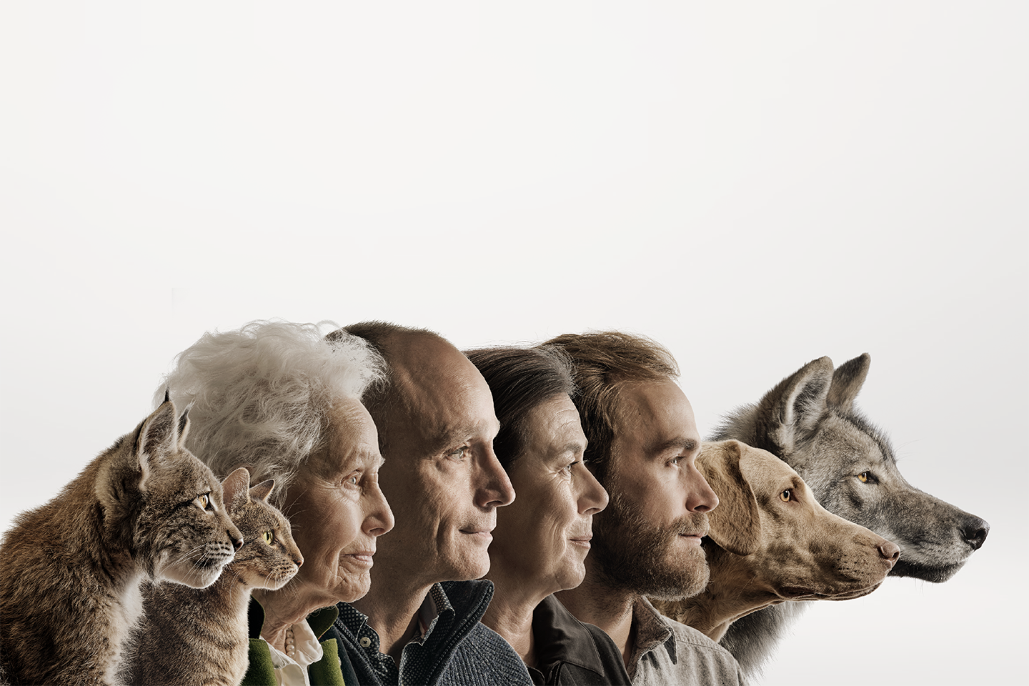 Die Familie Müller sowie Katzen und Hunde mit ihren Vorfahren stehen nebeneinander und schauen geradeaus.
